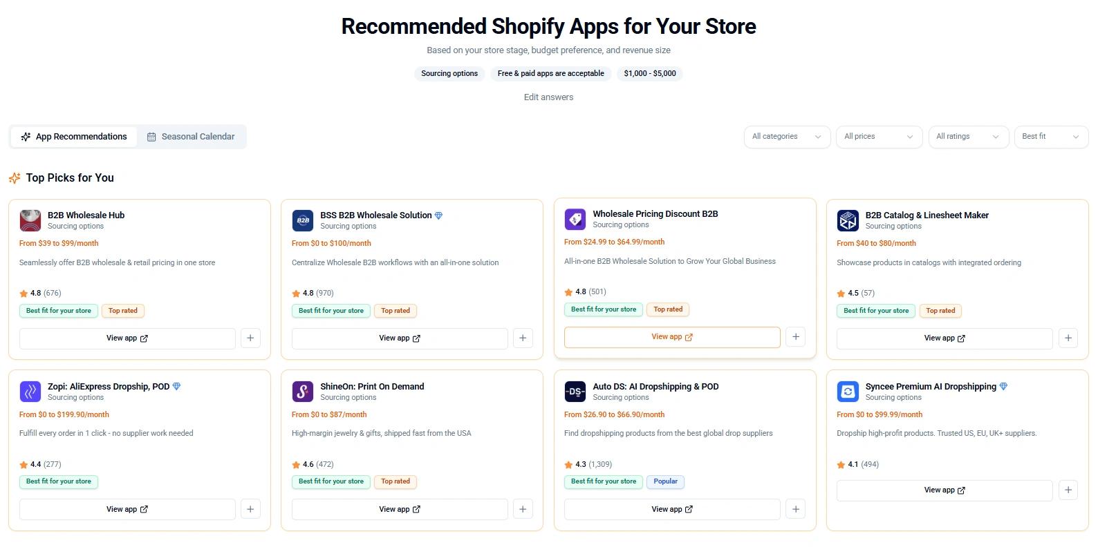 Letsmetrix App Recommendations Dashboard showing personalized Shopify app cards with ratings and fit badges