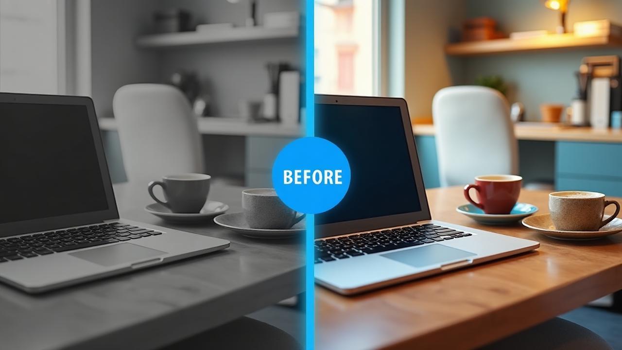 Before and after comparison slider demonstration showing grayscale to color transformation