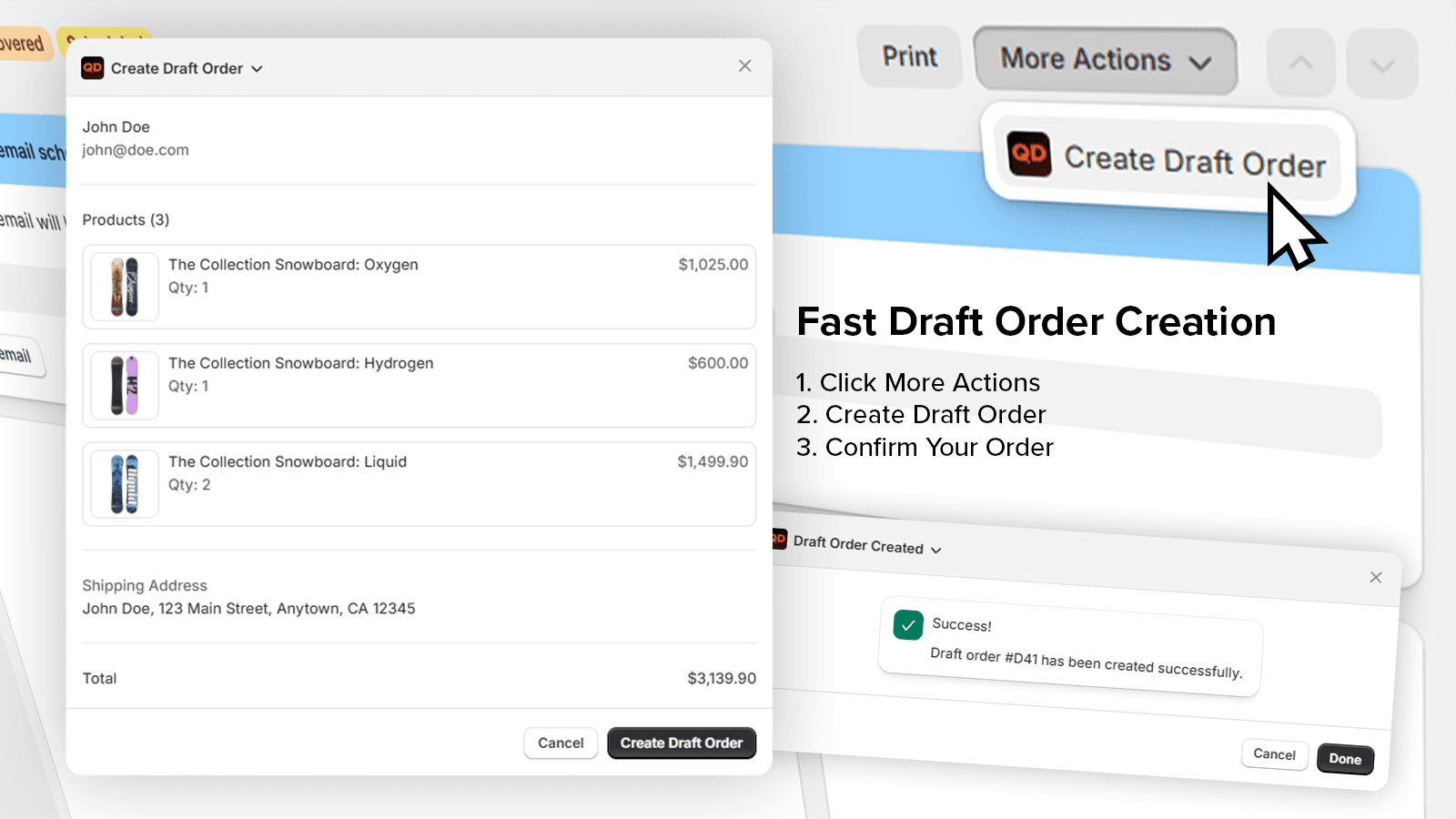 Click more actions, create draft order, then confirm your order.