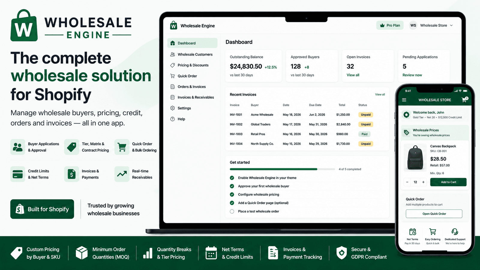 Wholesale Engine app dashboard and wholesale storefront preview.