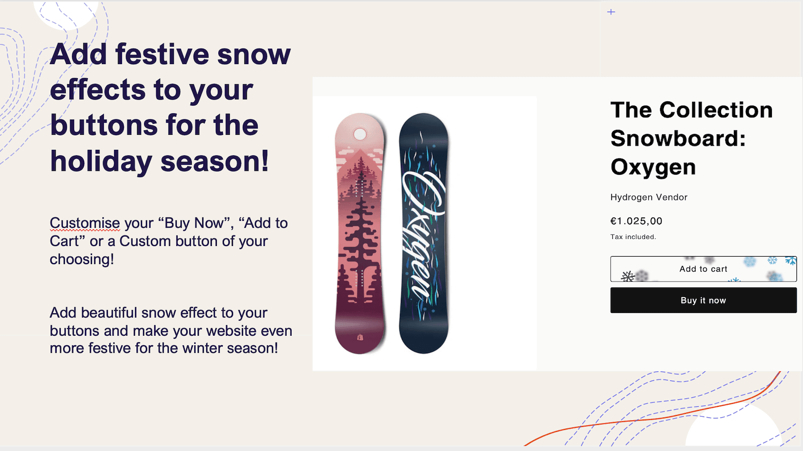 Shows snowflakes falling on "Add to cart" button