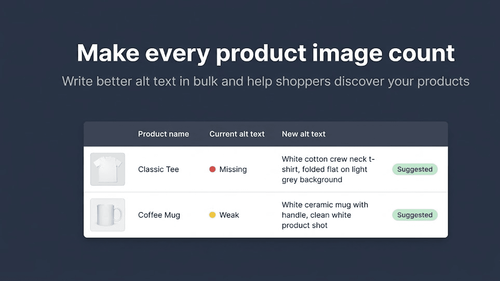 Bulk edit product image alt text in a clean table layout