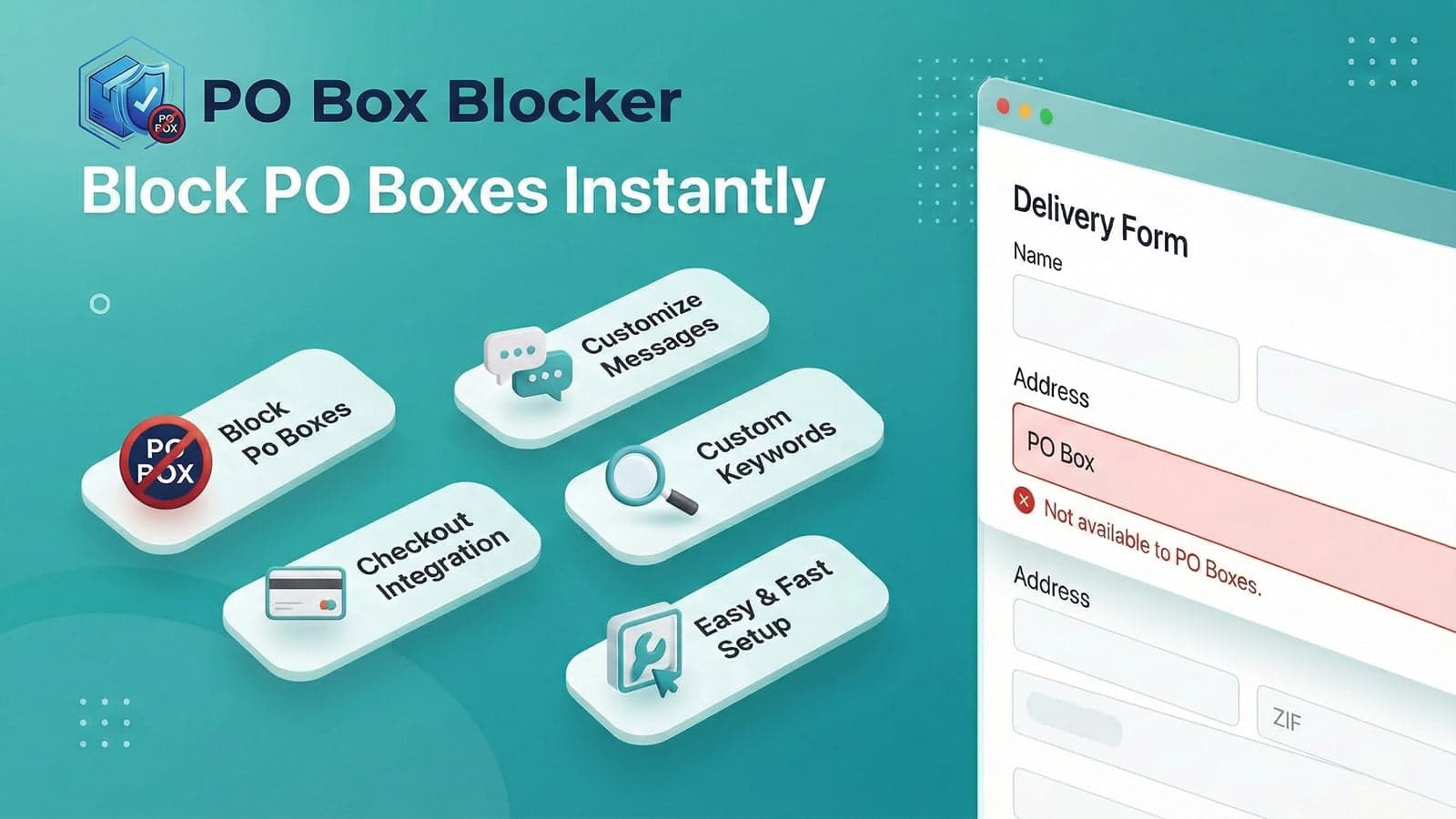 PO Box Blocker App features banner with checkout screen.