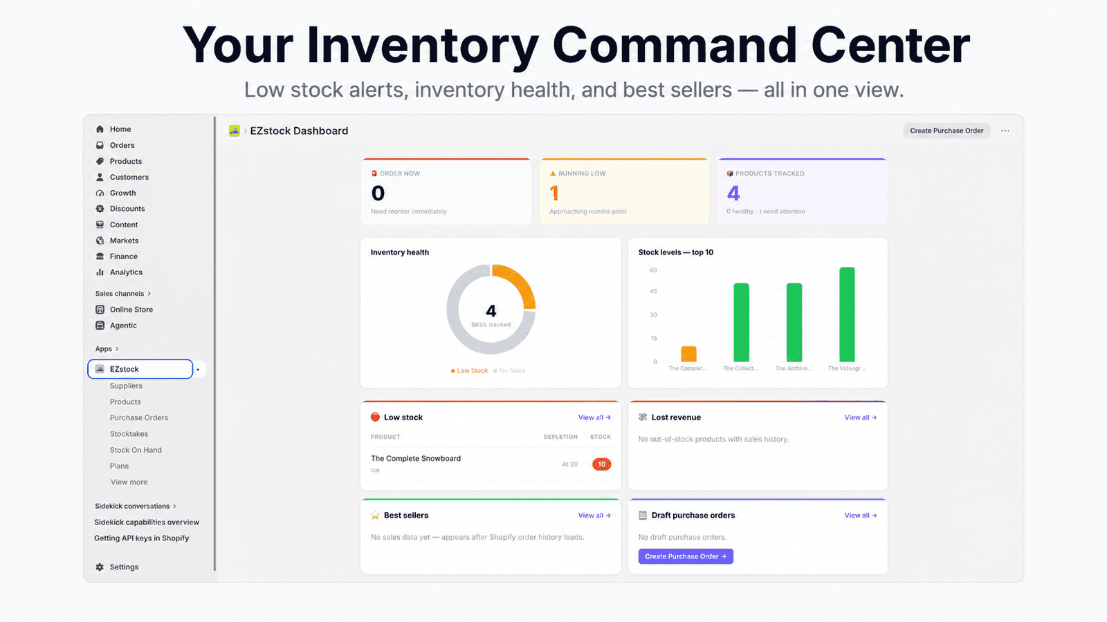 Dashboard with inventory health, low stock alerts, best sellers