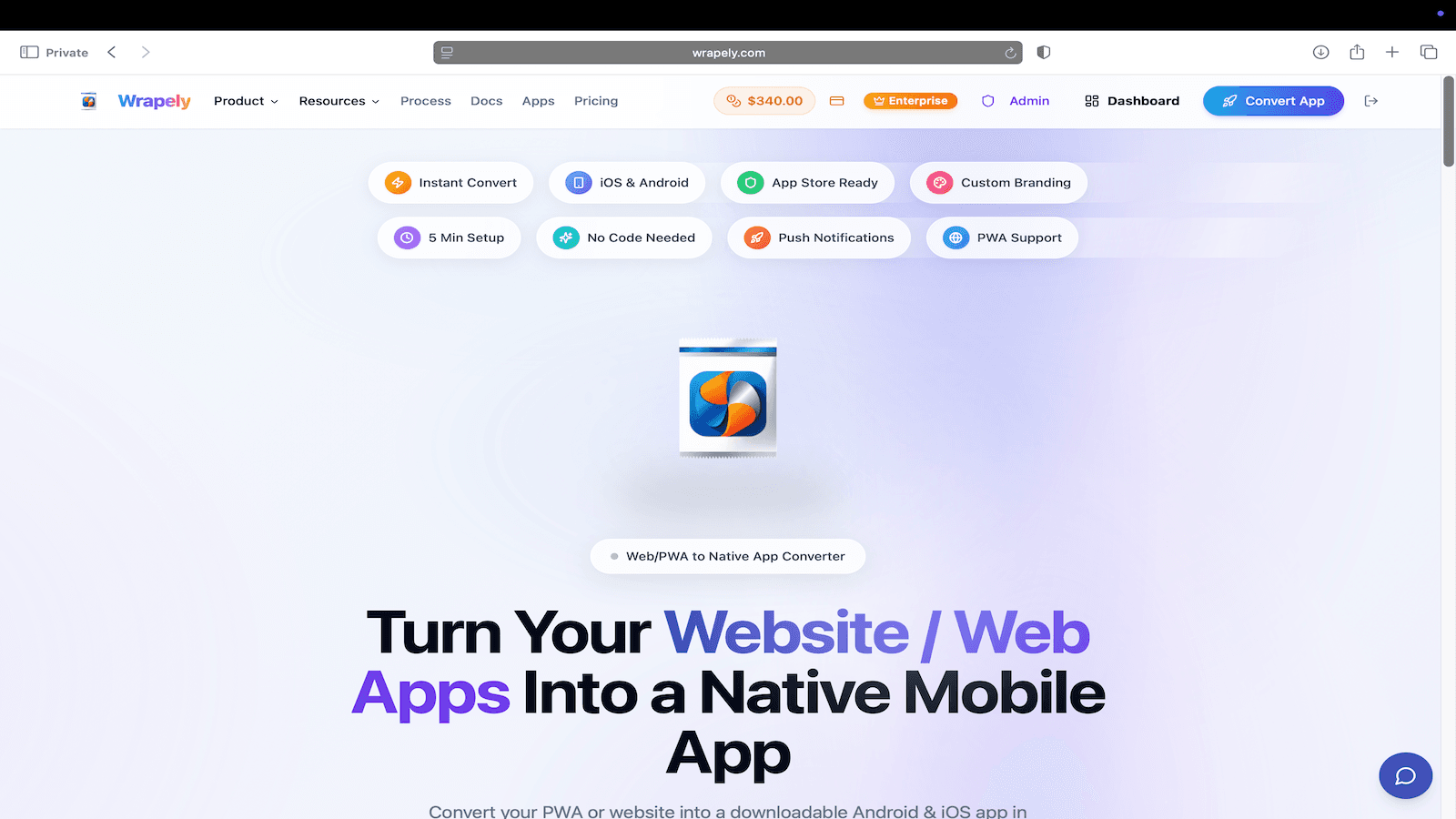 Wrapely homepage showing website to mobile app conversion