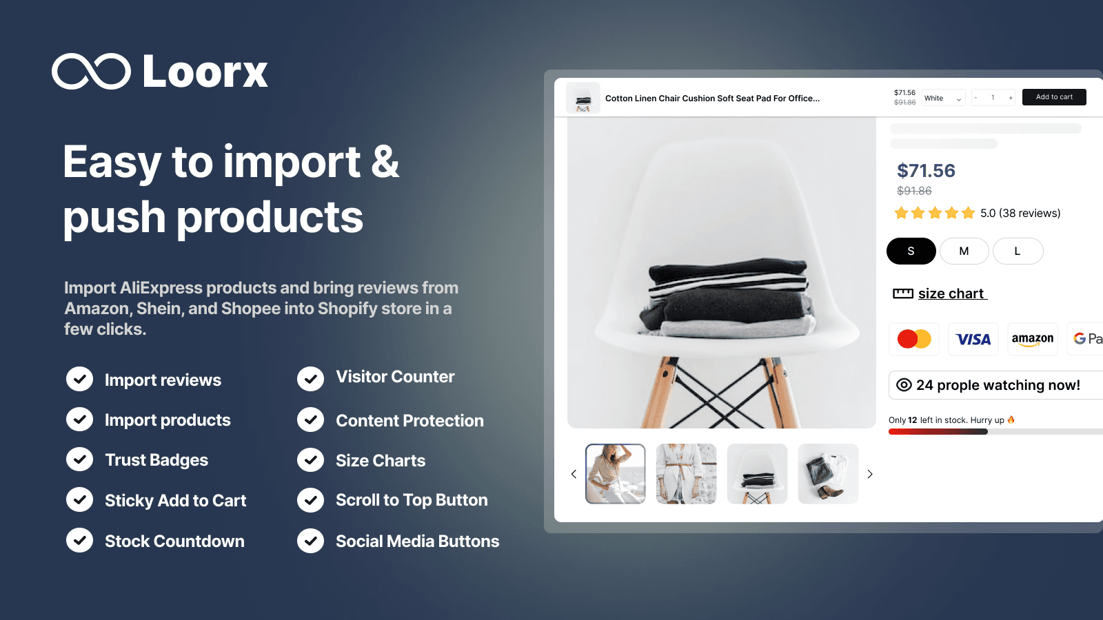 Loorx app importing products from AliExpress with trust badges a