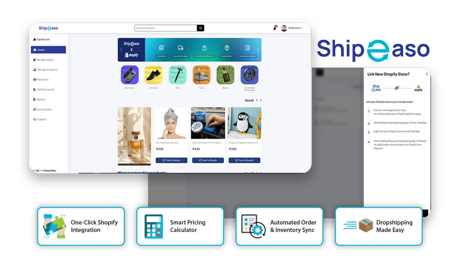ShipEaso Shopify dashboard with features and integration steps