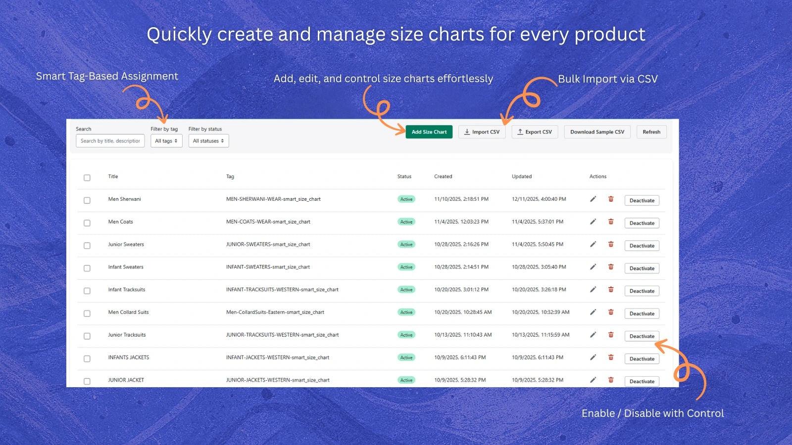 manage size charts