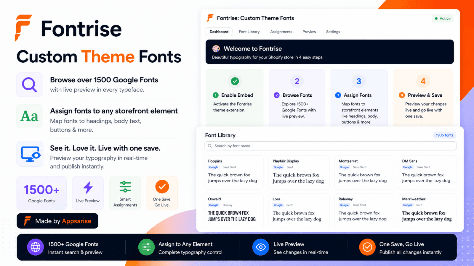 Font library with 1500 plus Google Fonts and live previews