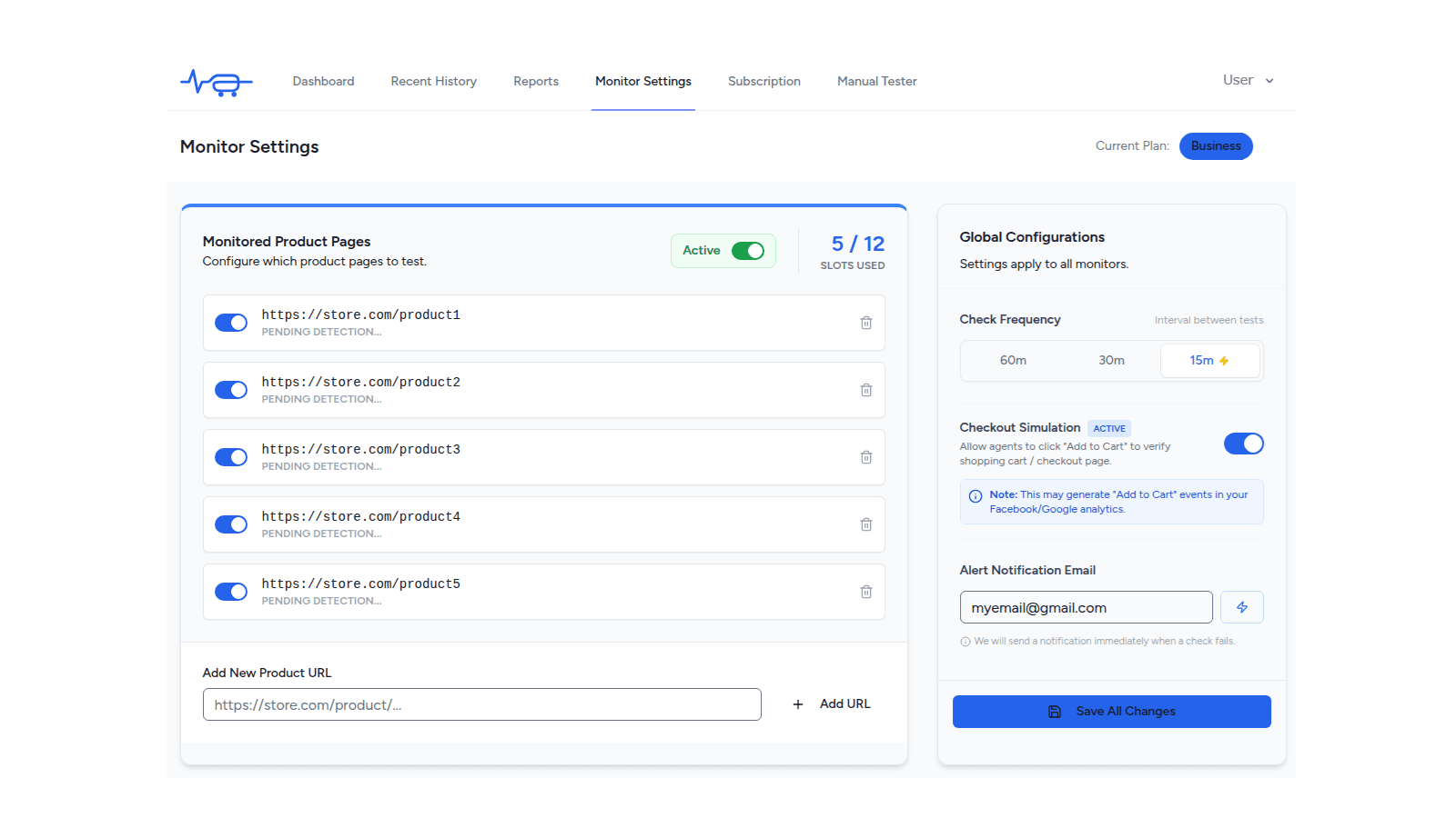 Define which product page(s) to monitor & adjust frequency