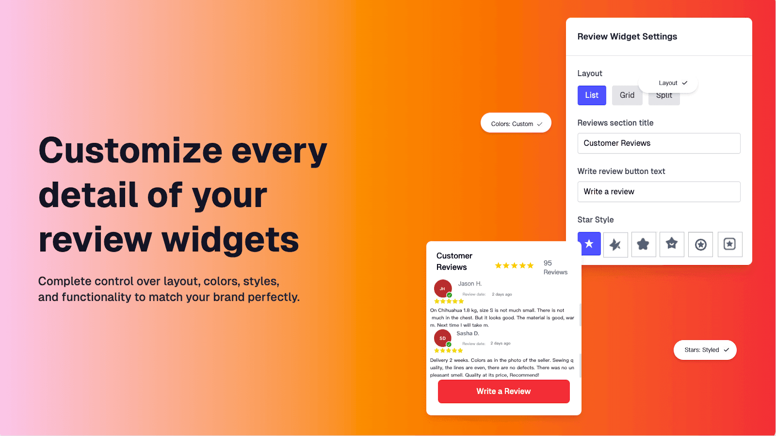 Review widget customization: settings, sample, gradient.