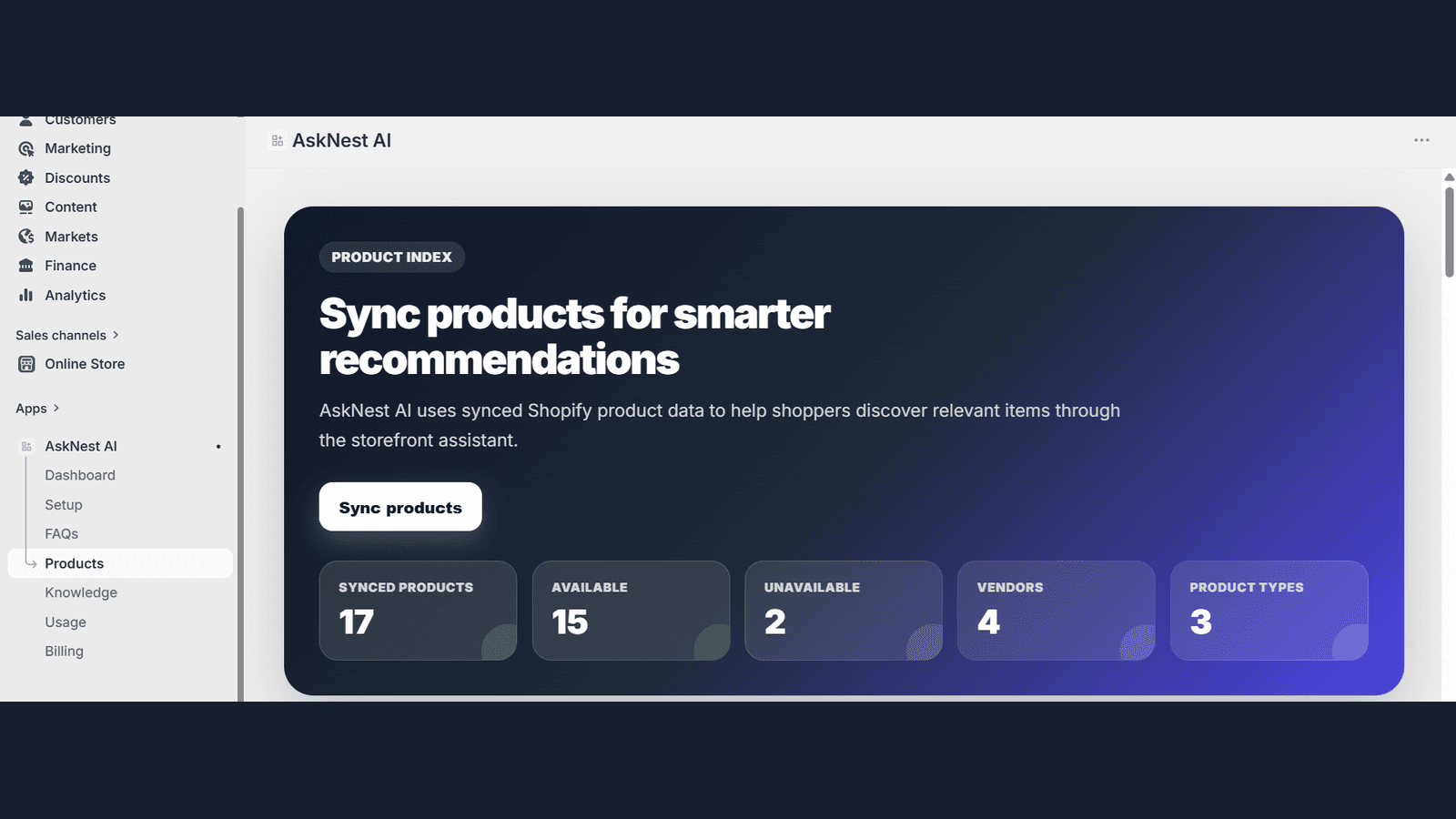 Sync products dashboard for AI recommendations