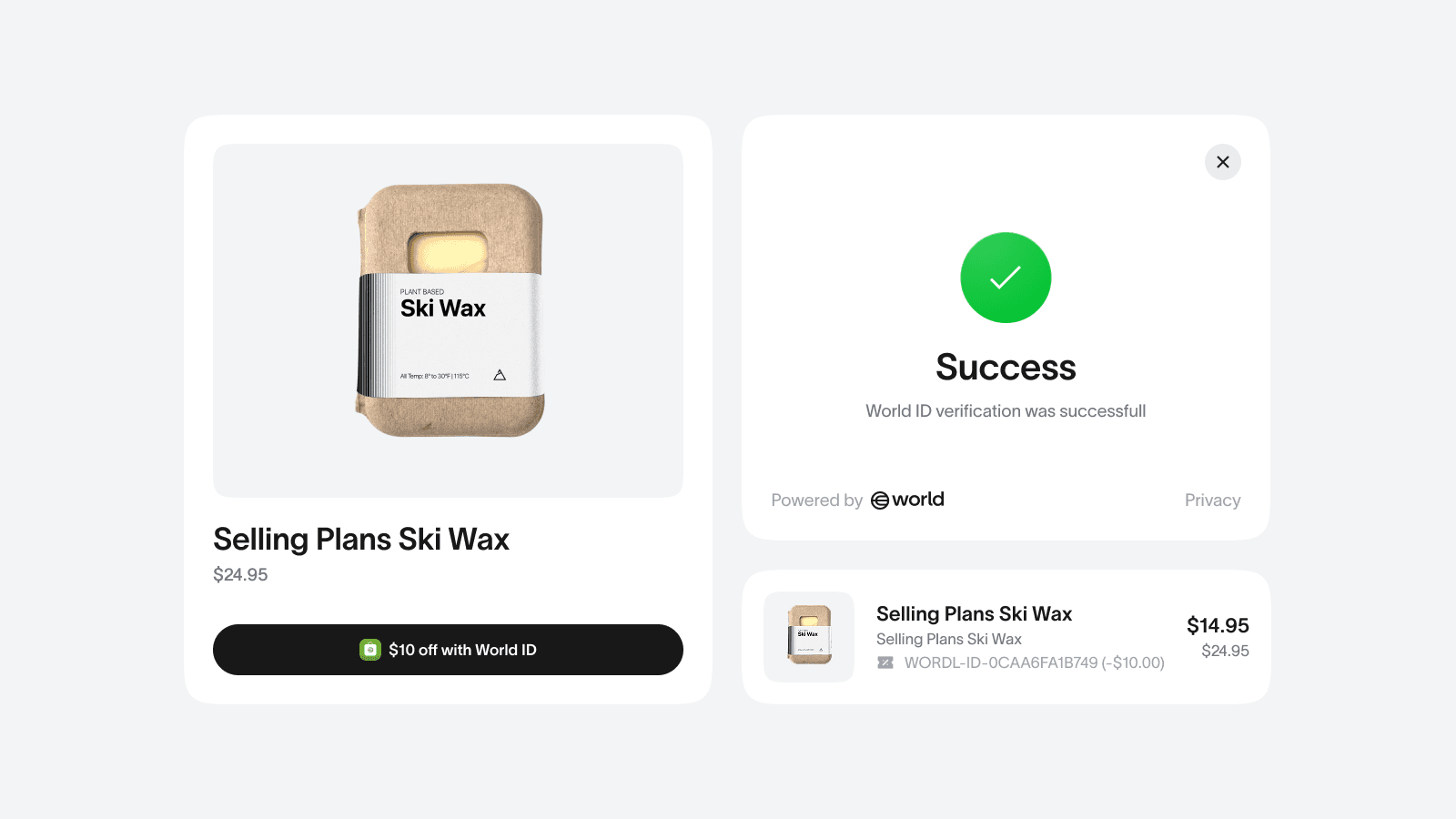 World ID Discounts button, success, and discount in cart