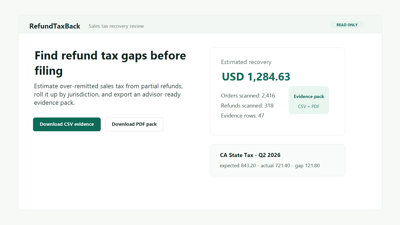 RefundTaxBack recovery estimate and evidence workflow