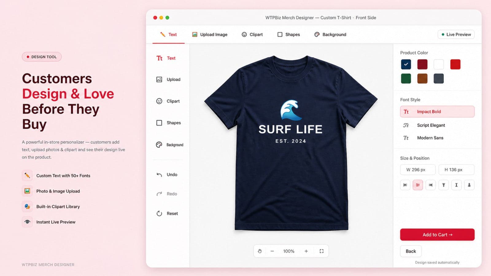 Merch Designer tool with live t-shirt customization preview