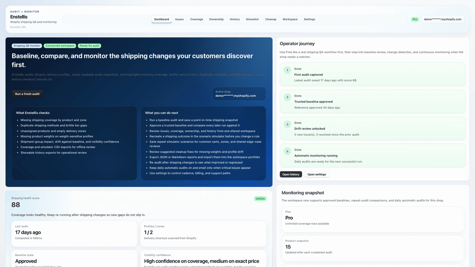 Enstellis dashboard with shipping QA workflow overview