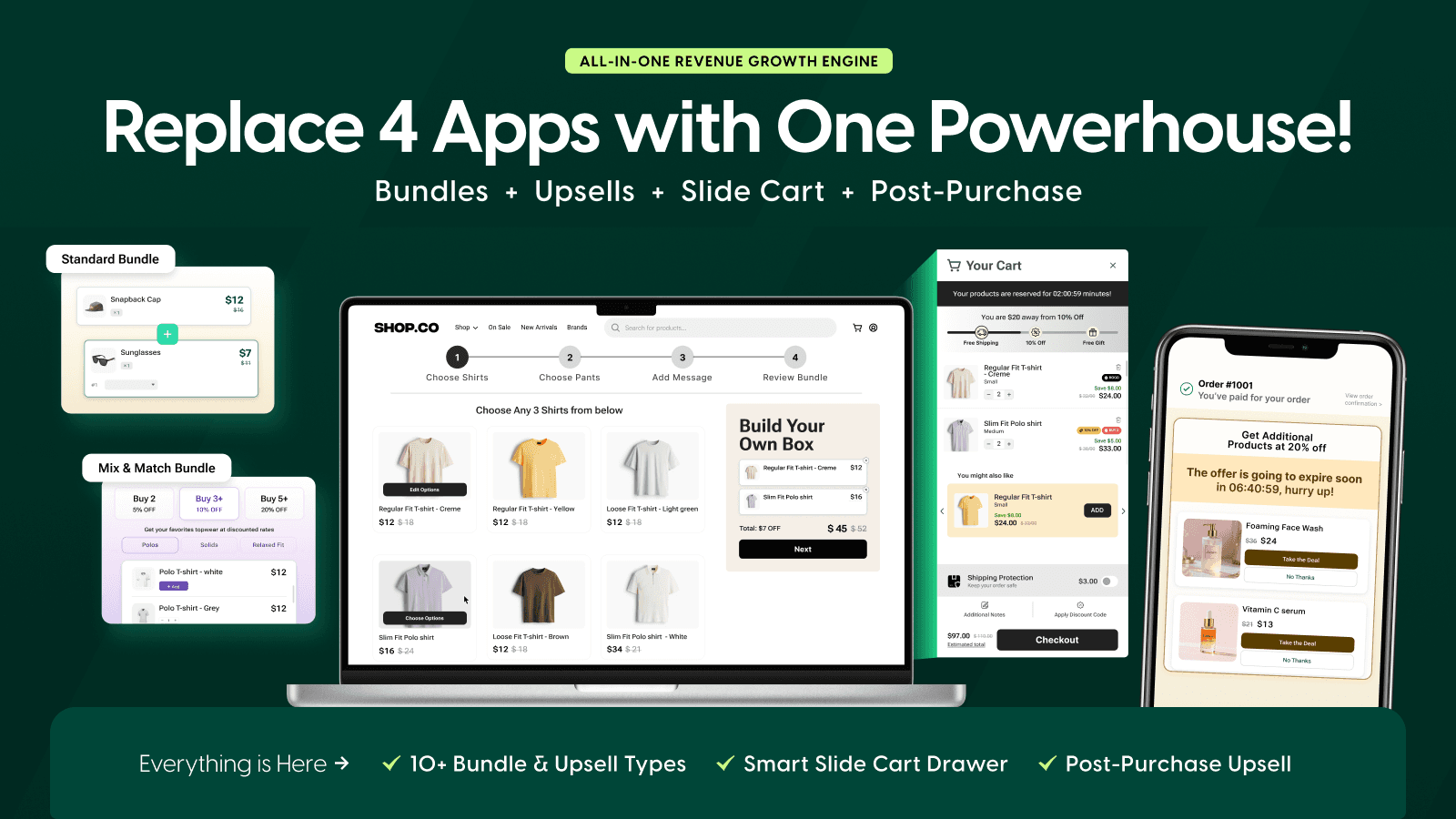 Bundles, Upsells, Slide Cart, Post-Purchase, Mix and Match