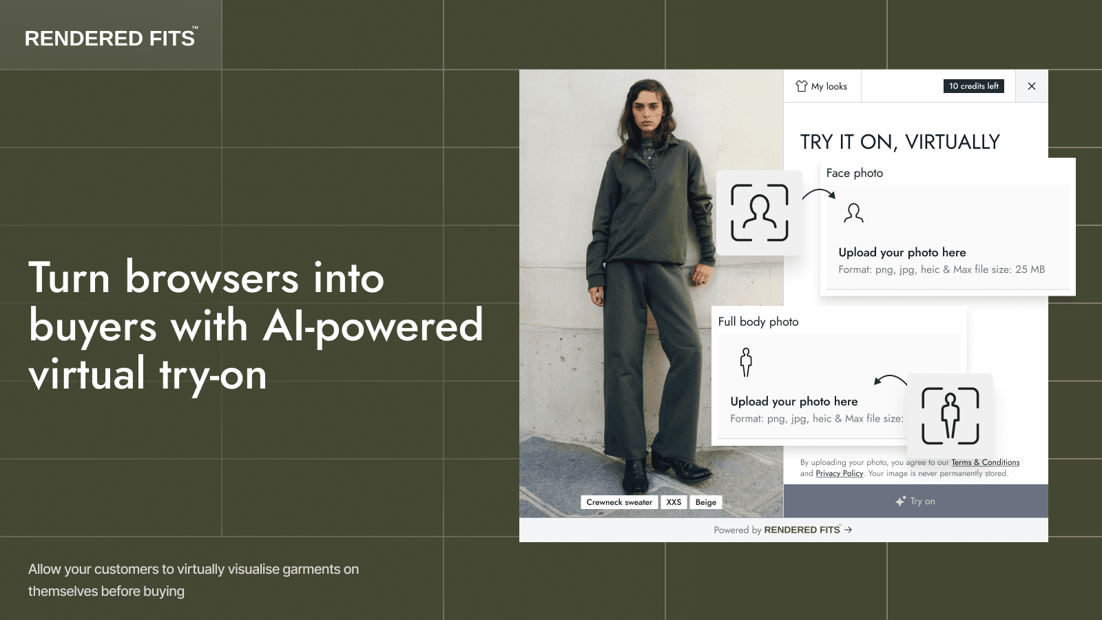 Rendered Fits hero with model and virtual try-on upload widget
