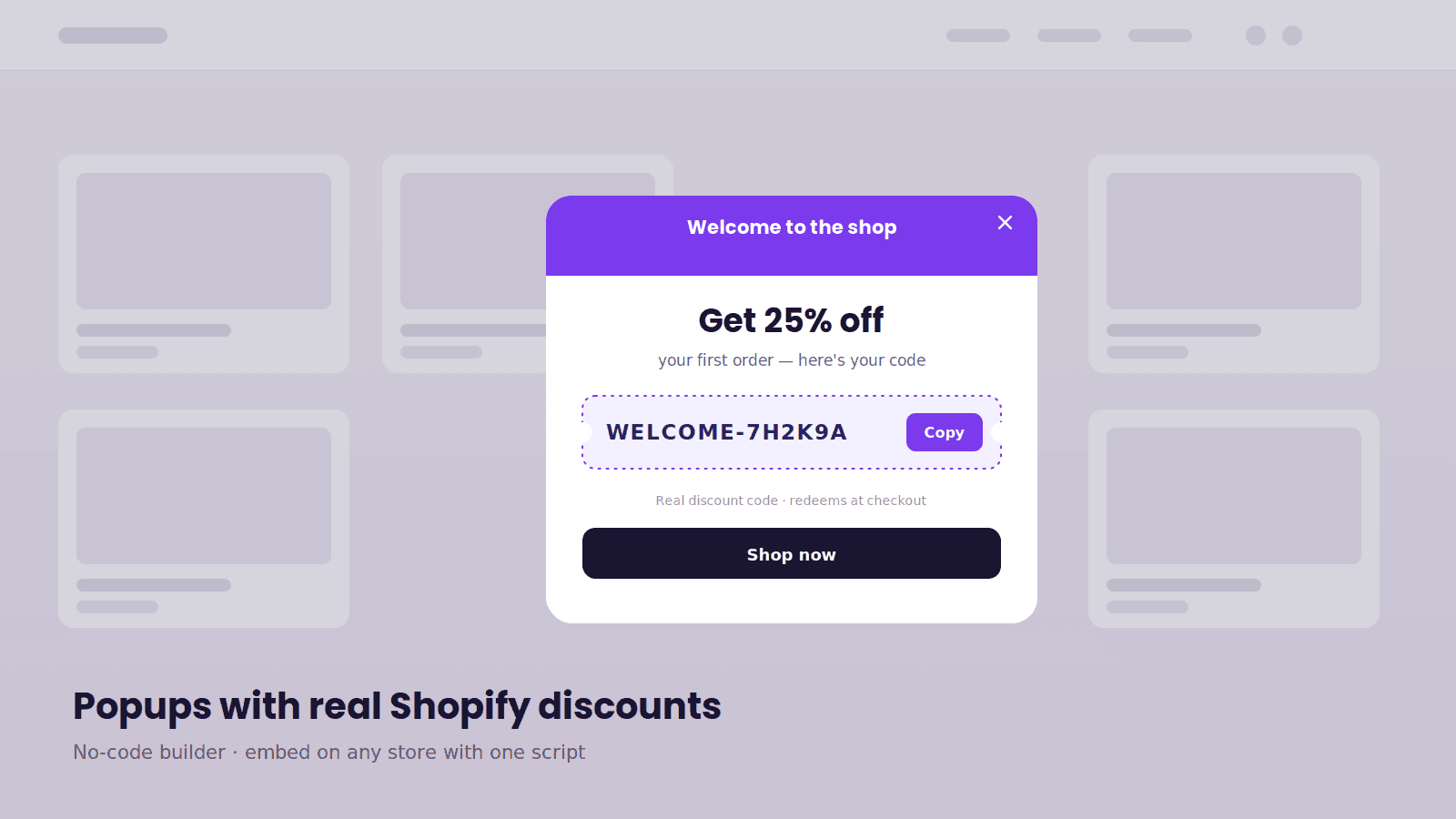 Jule popup on a store showing a real Shopify discount code