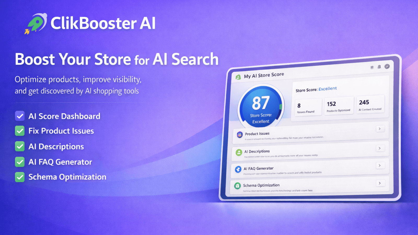 AI app dashboard optimizing store visibility and content