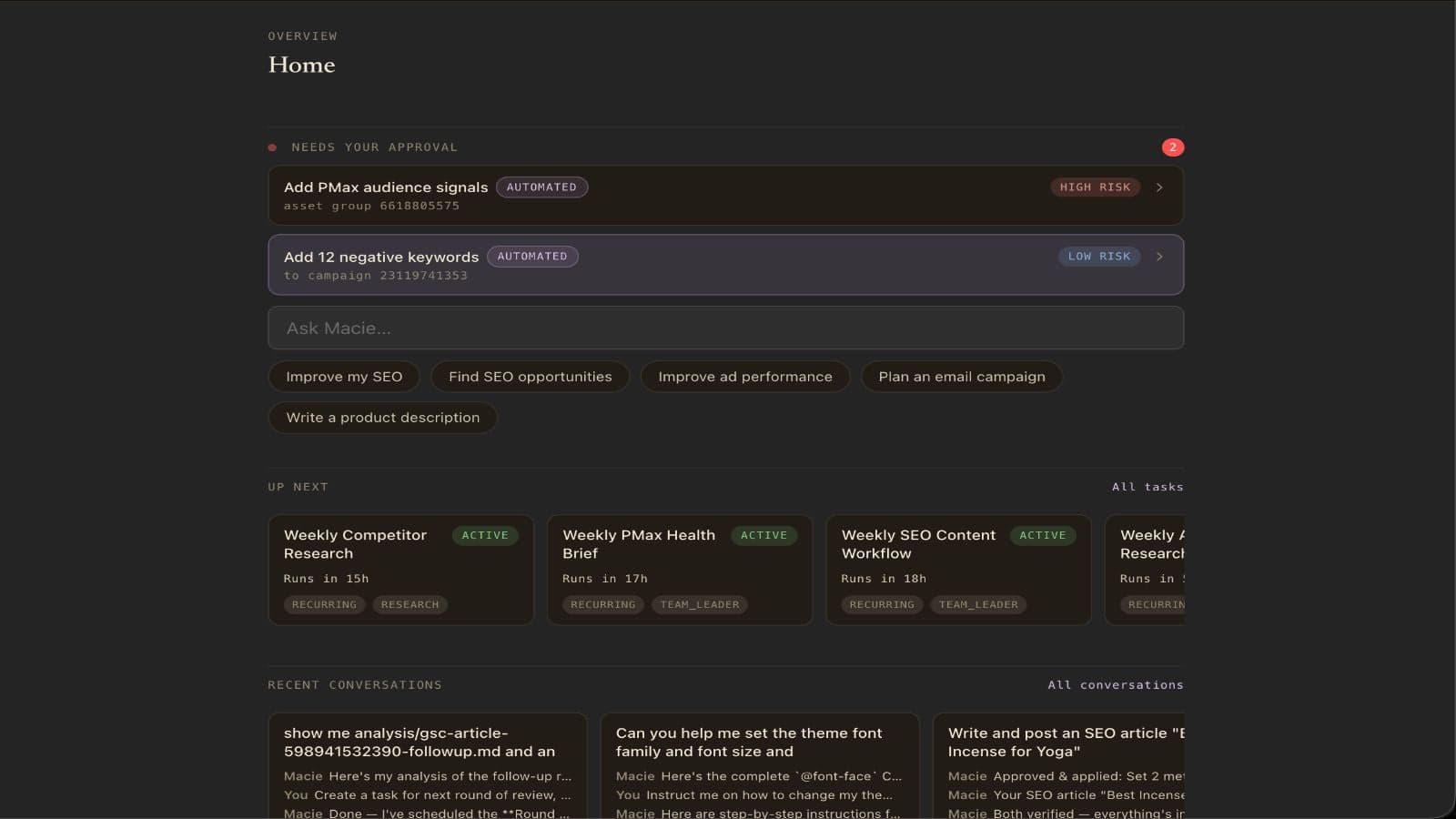 Macie proposing SEO and pricing changes to approve