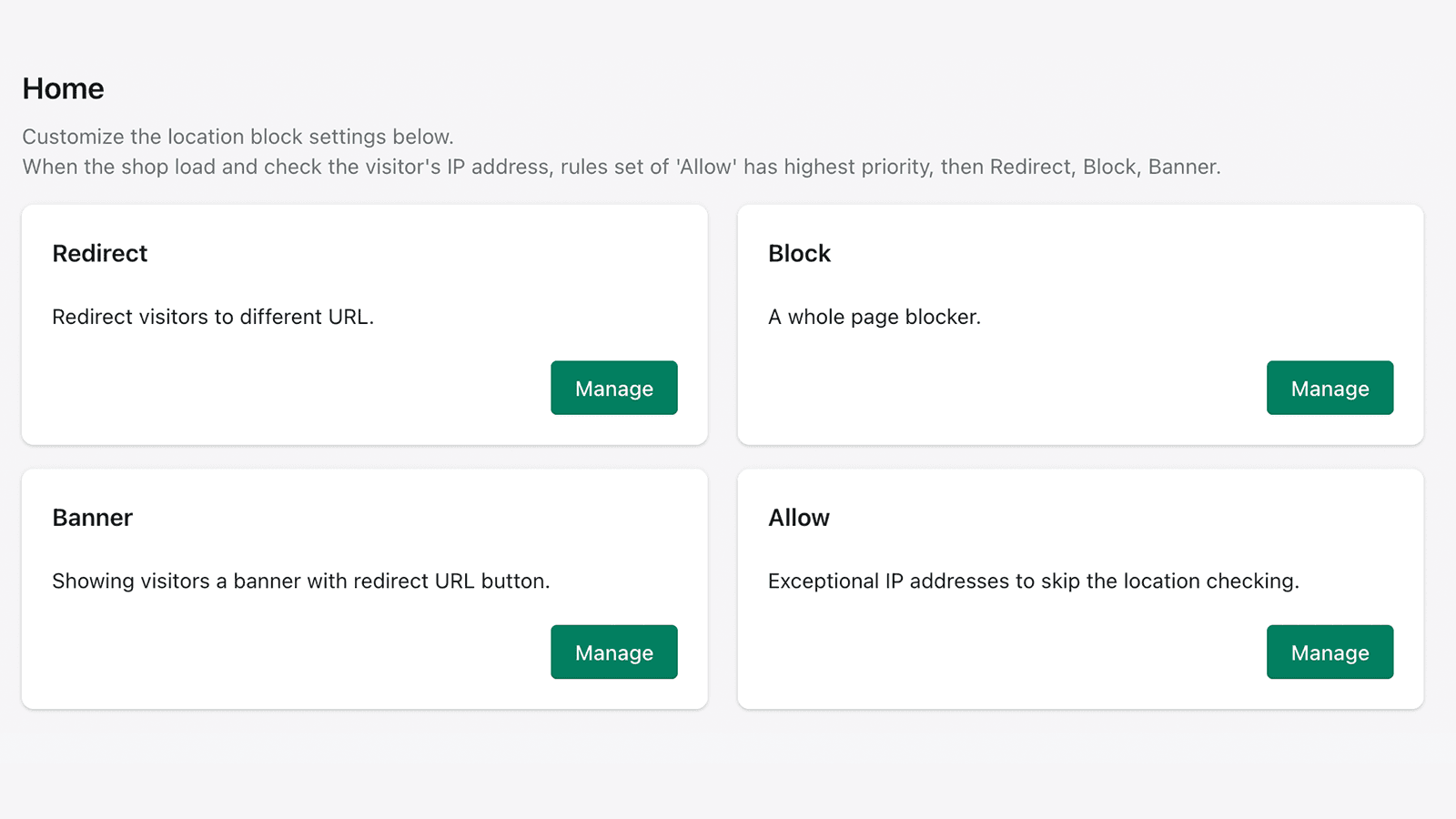 Four main features, Redirect, Block, Banner and Allow list.
