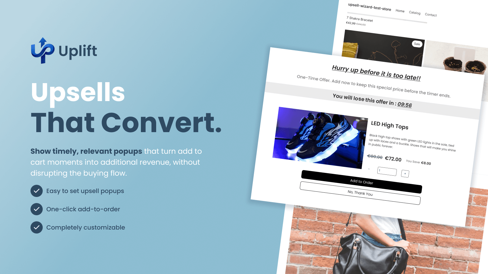 Uplift upsell popup showing shoes with countdown and order CTA