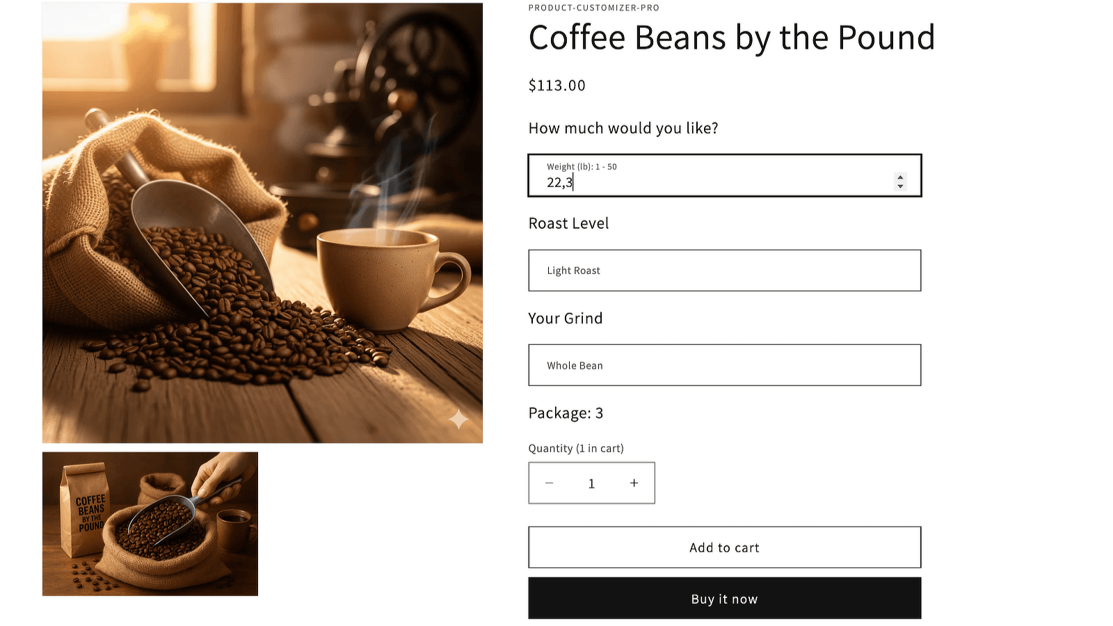 Frontend Customizer Example (Coffee by Weight)