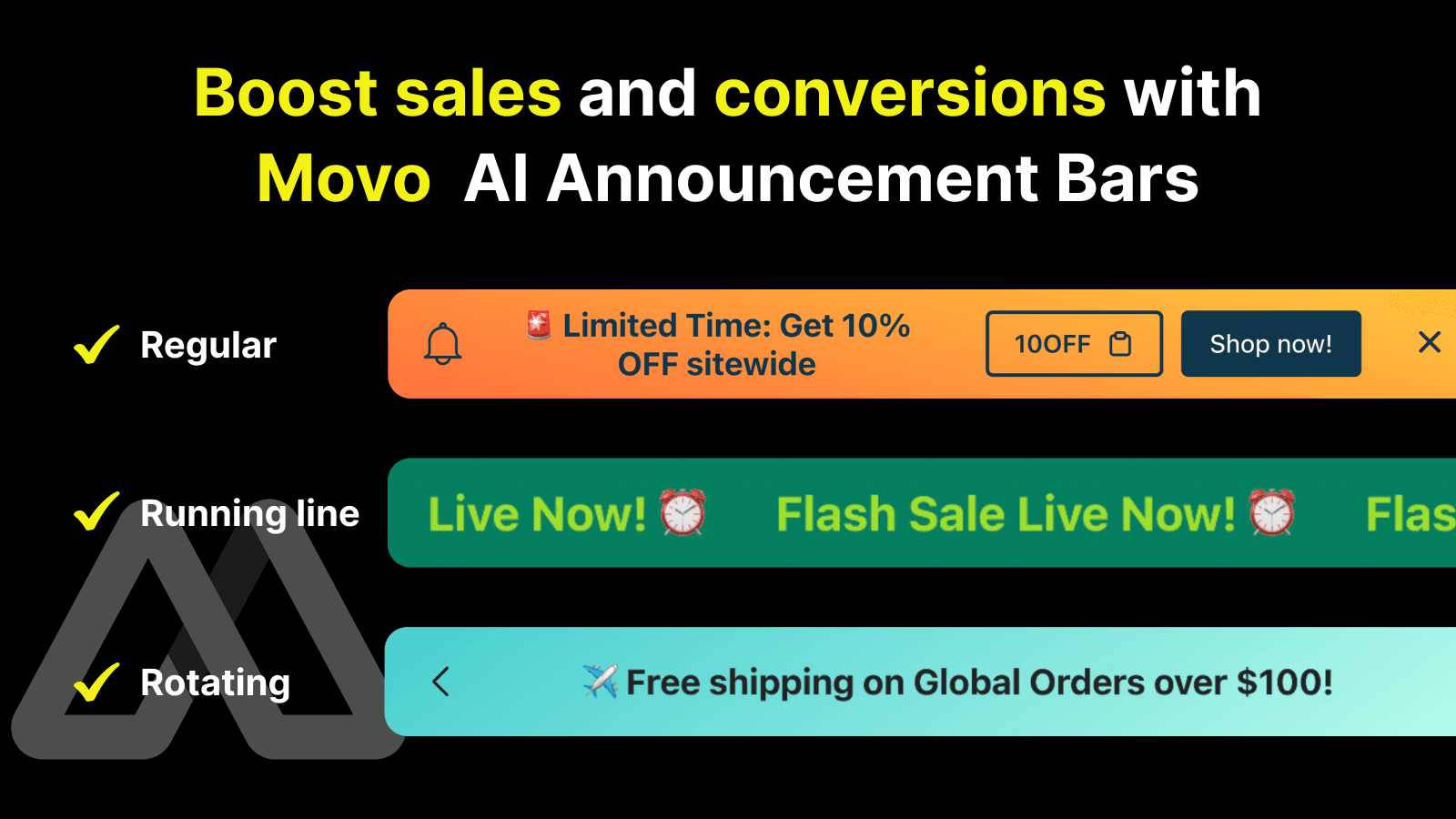 Showcase of regular, running line, and rotating announcement bar