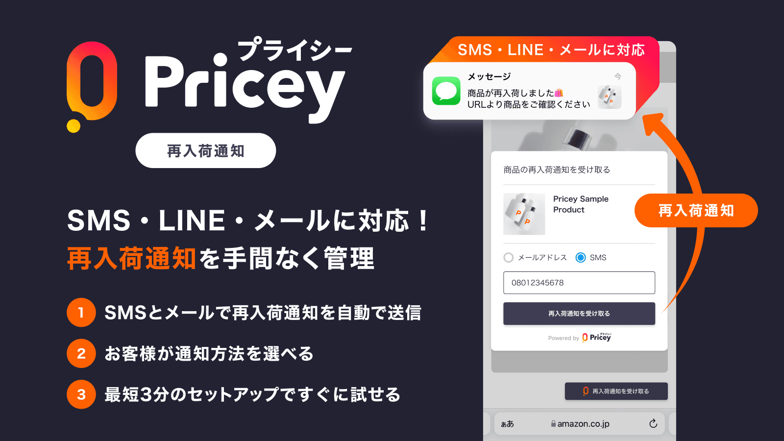 プライシー再入荷通知は、SMSやメールなどで再入荷通知を自動送信できる日本製アプリ