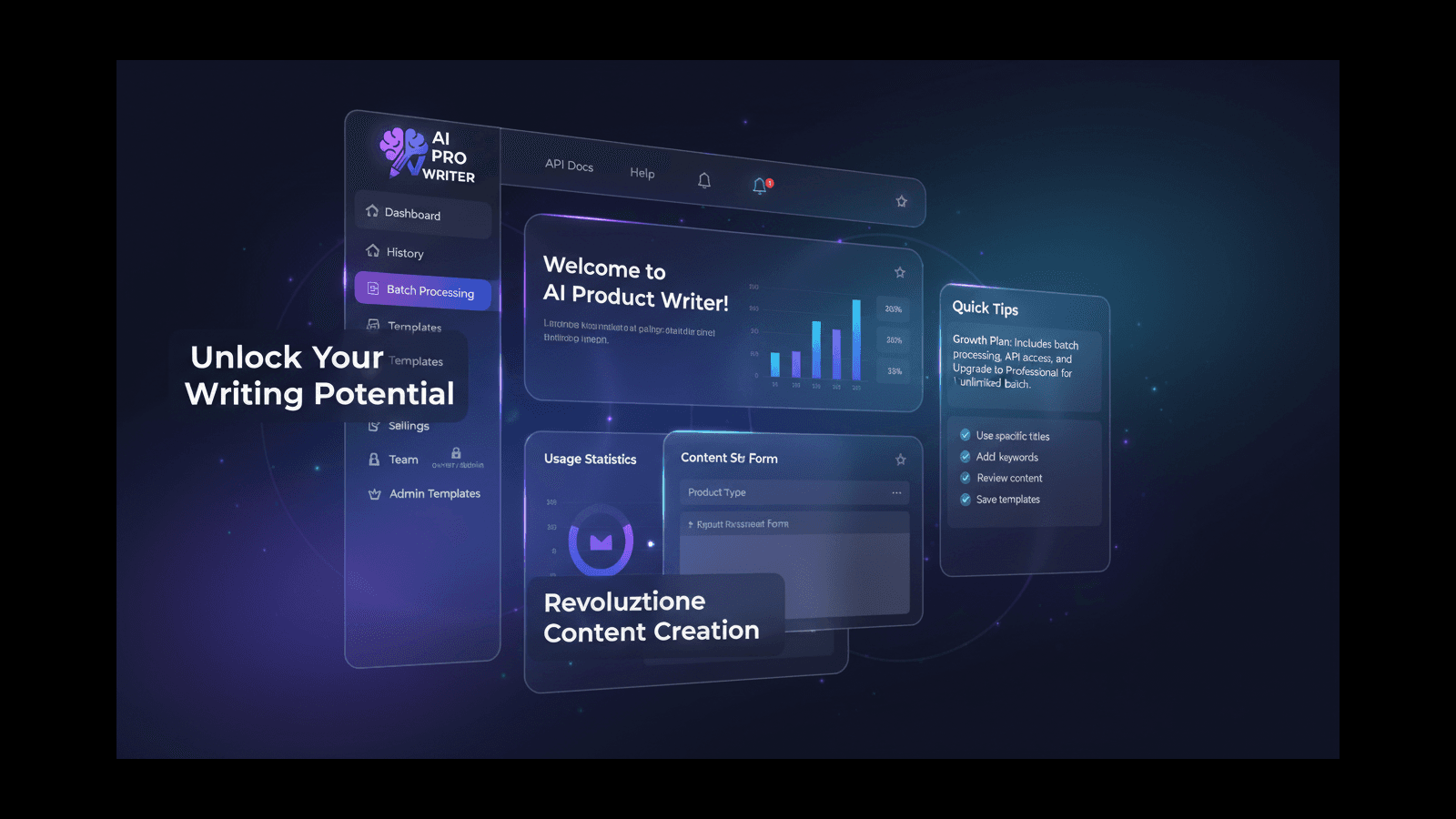 AI Product Writer main navigation dashboard interface