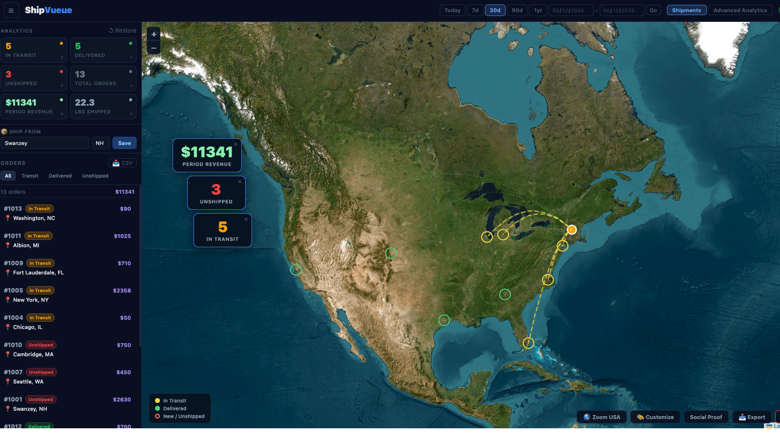 Overview Map Dashboard of all your shipped orders
