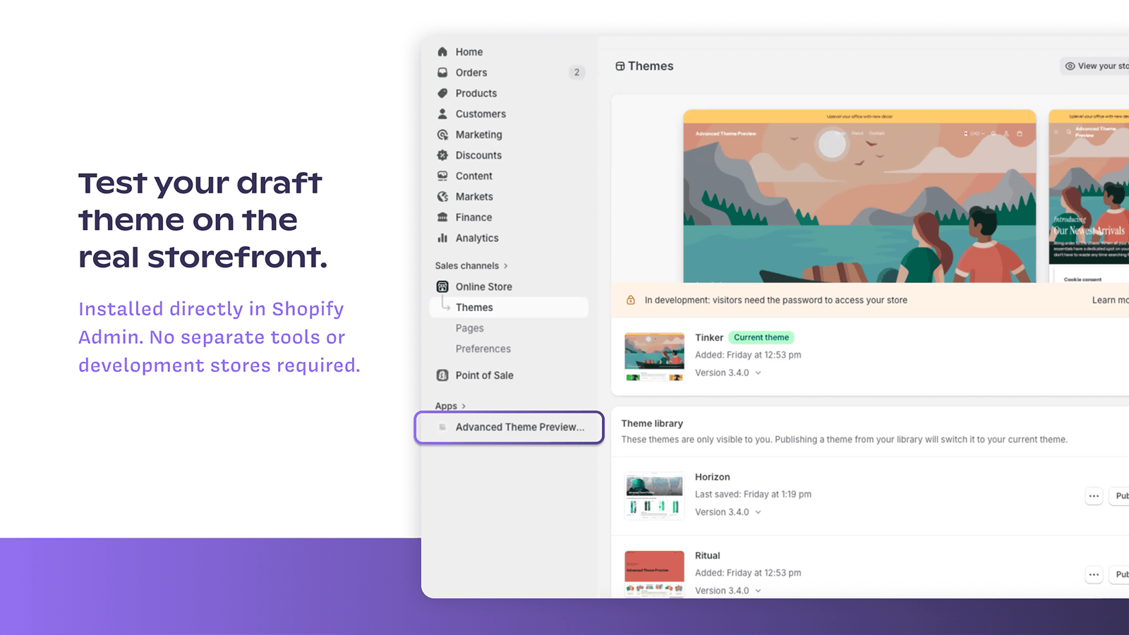 Shopify admin sidebar with Advanced Theme Preview app installed