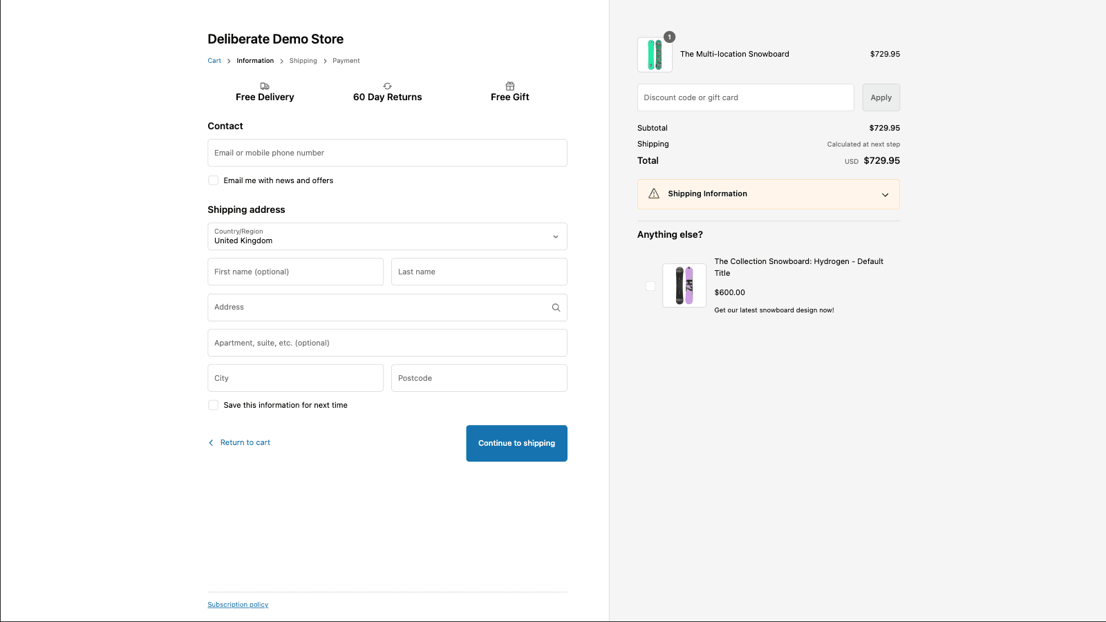 The Deliberate Checkout extensions on the checkout (info) page