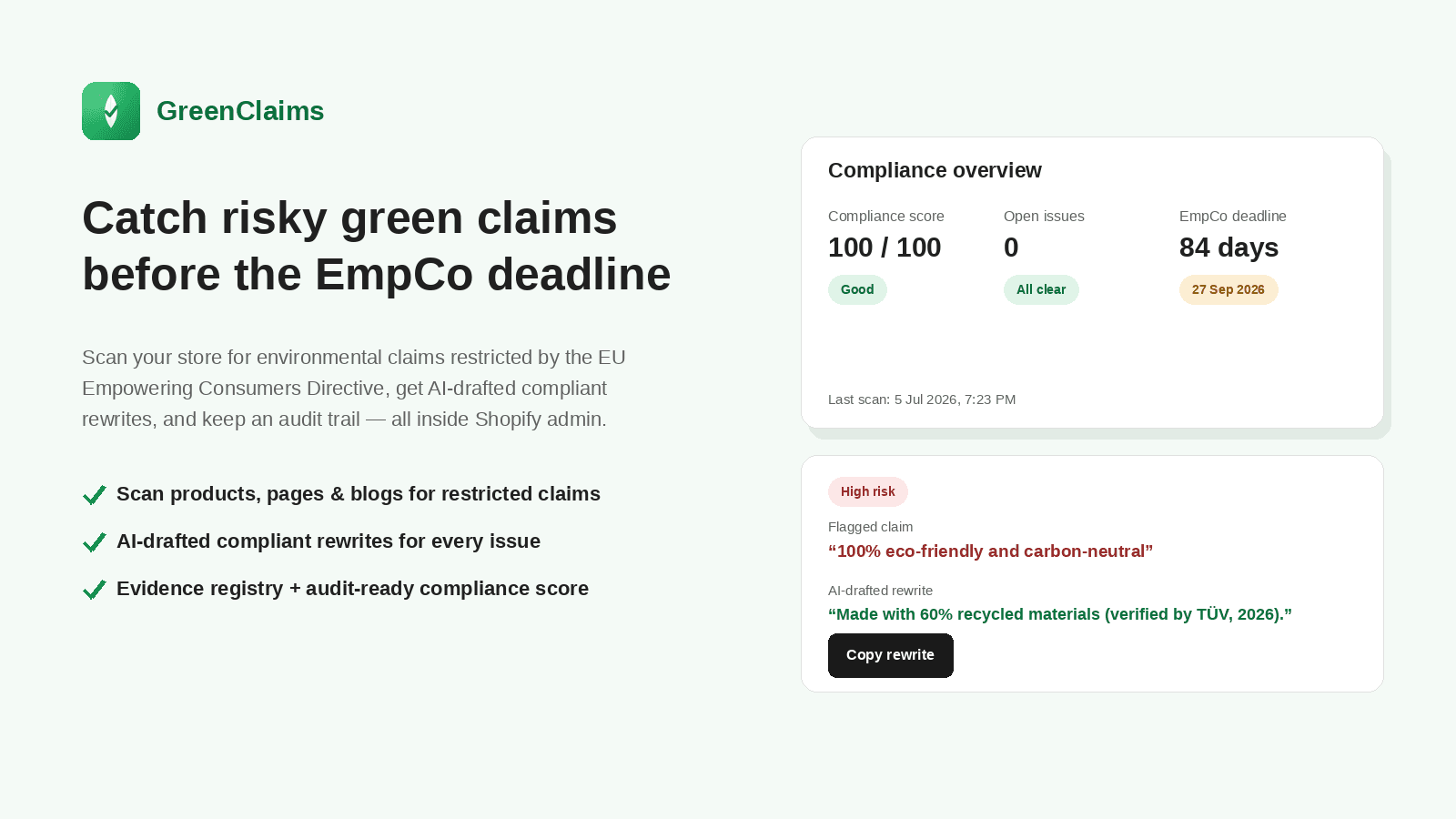GreenClaims scans your store for risky EU green claims