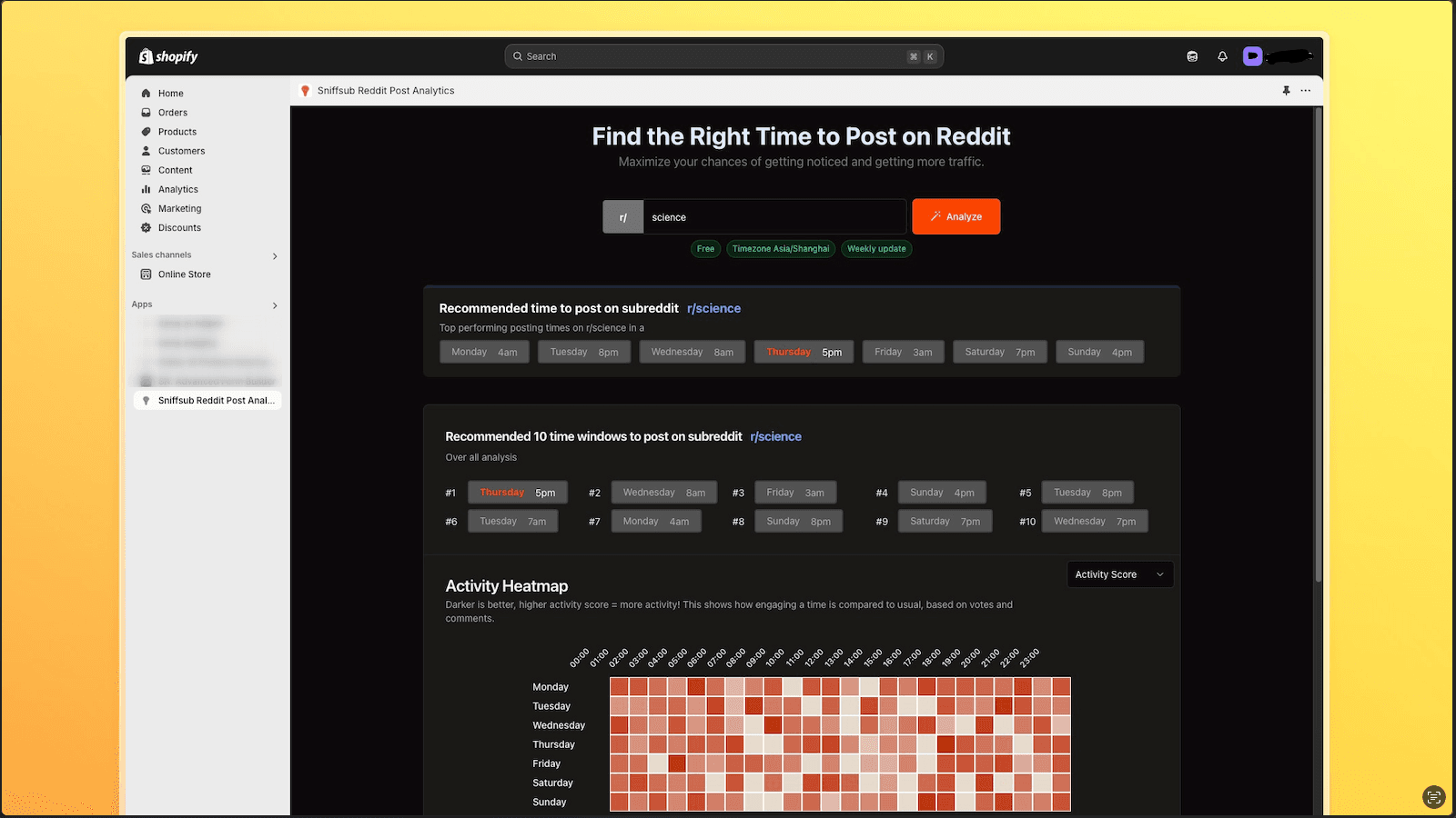 Use sniffsub to get the best time to post on reddit