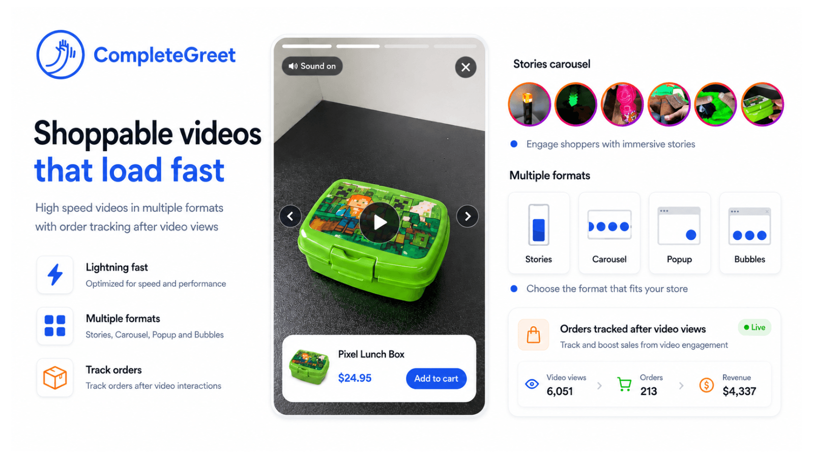 CompleteGreet shoppable video with add to cart & order tracking