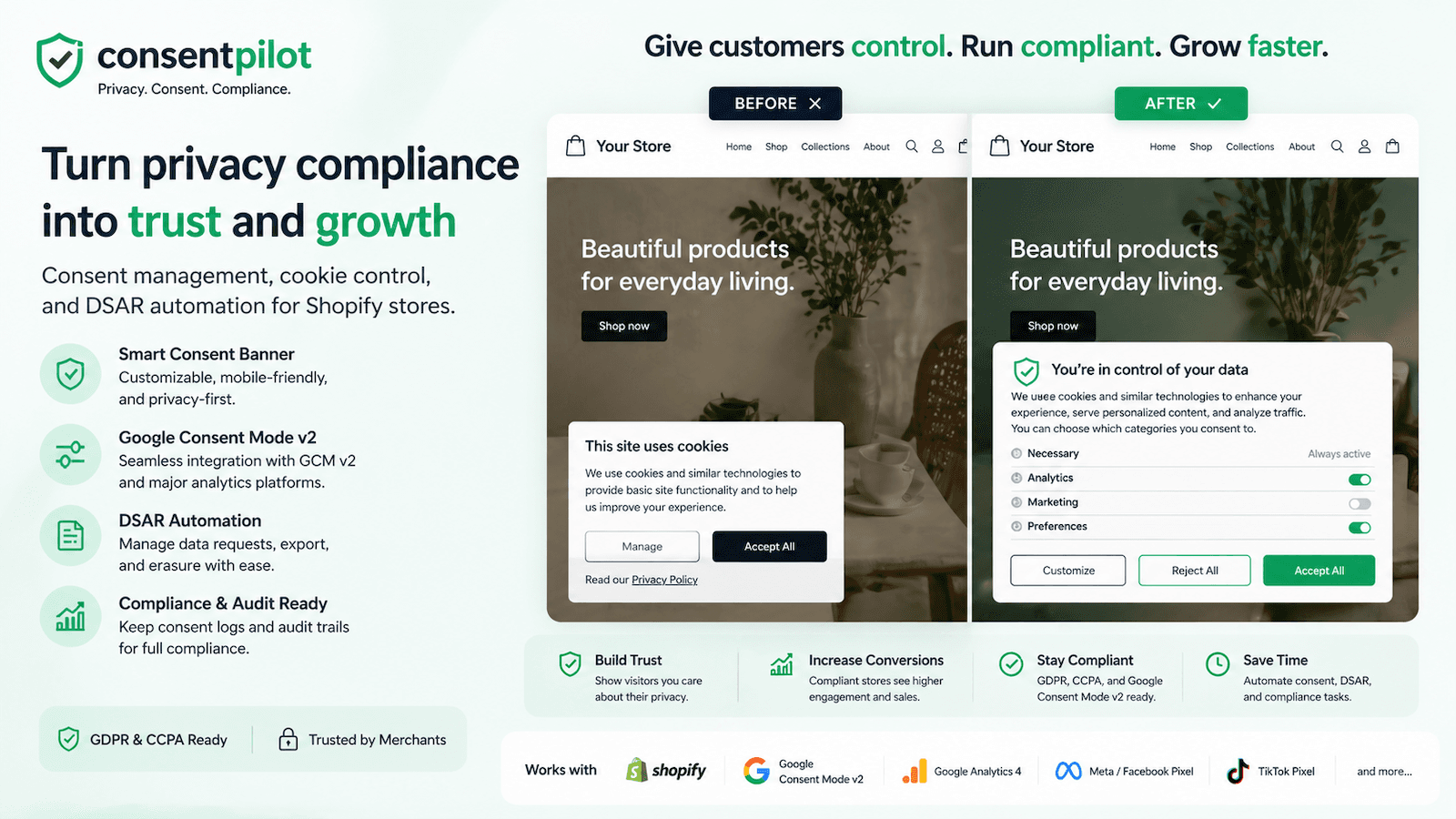 Consent banner with before and after tracking control view