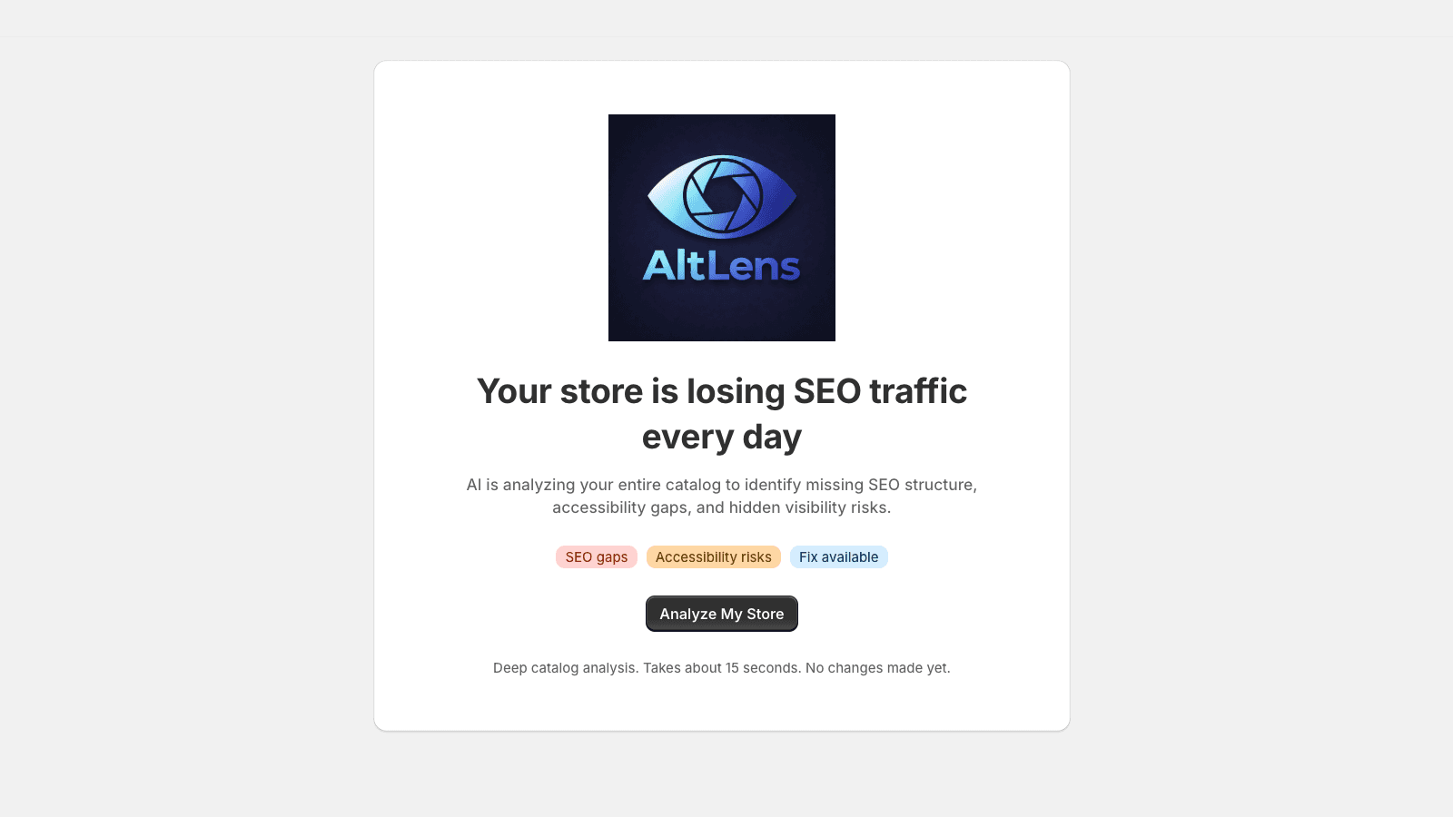 AltLens welcome screen showing catalog SEO problem