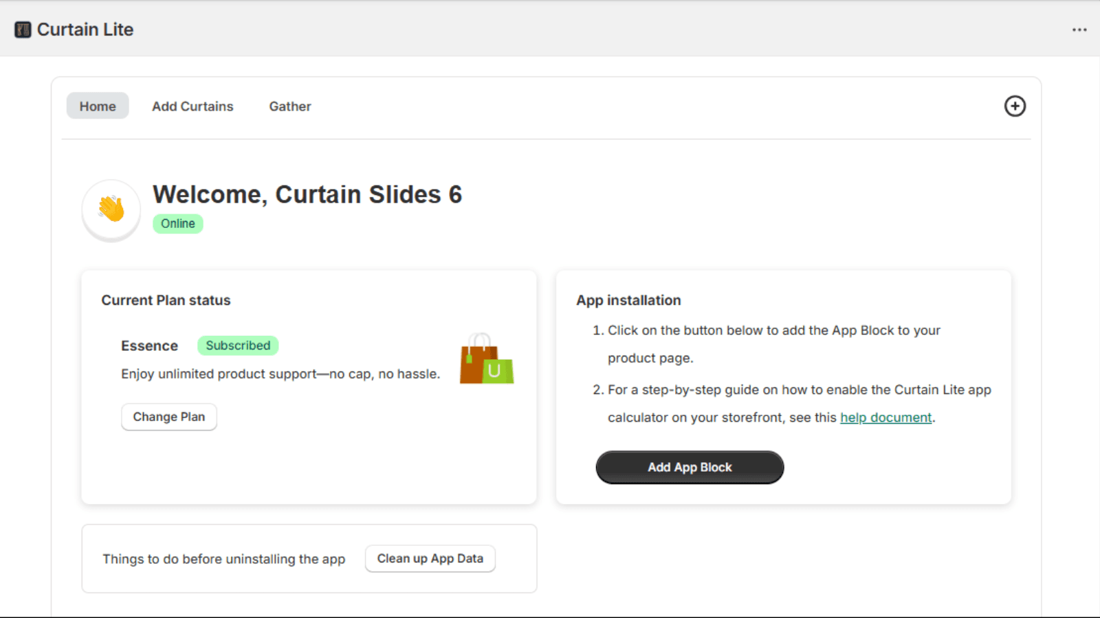 Curtain lite app dashboard after app install