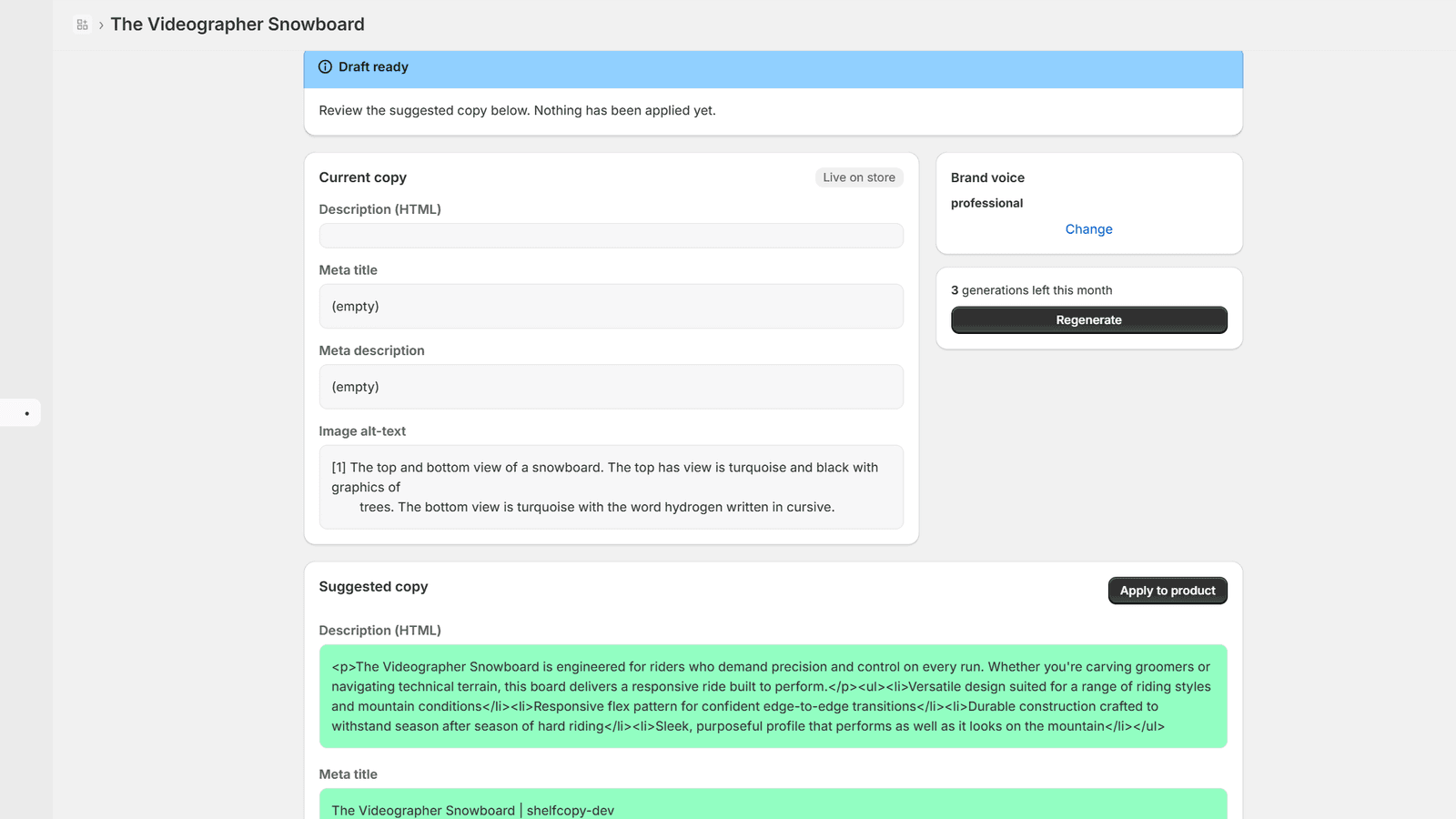 Side-by-side diff preview of AI-suggested copy ready to apply