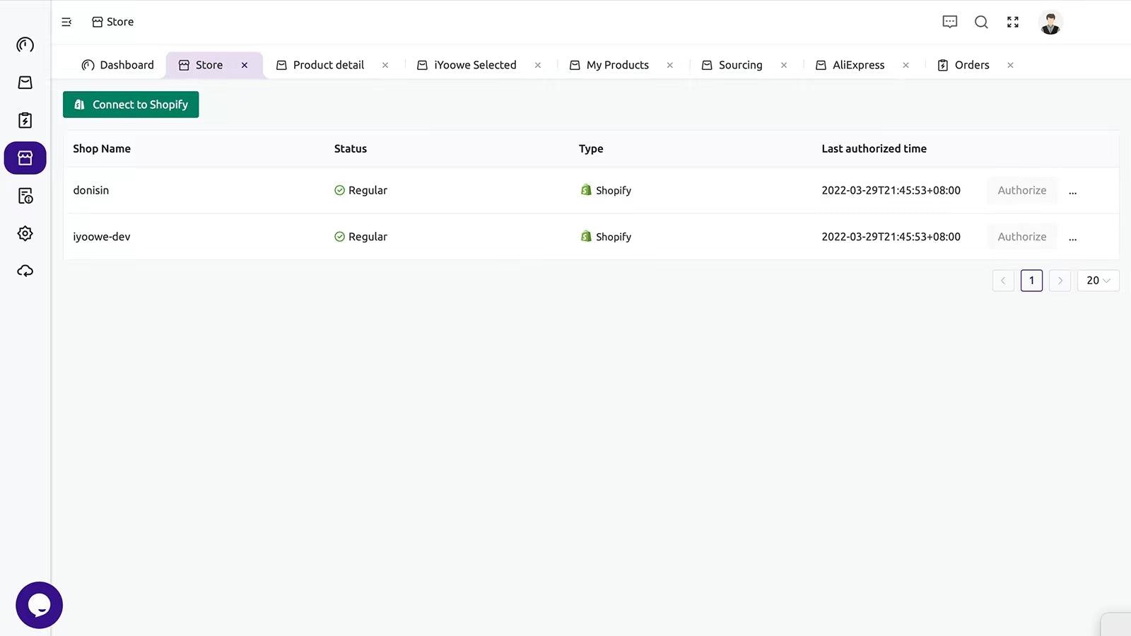 On this page you can choose to associate your own shopify store