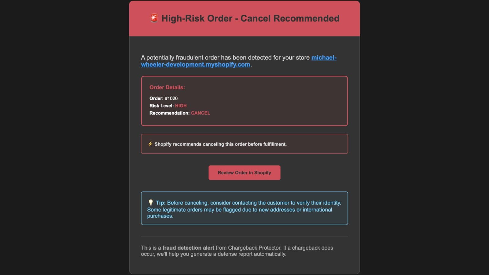 High risk order email notification