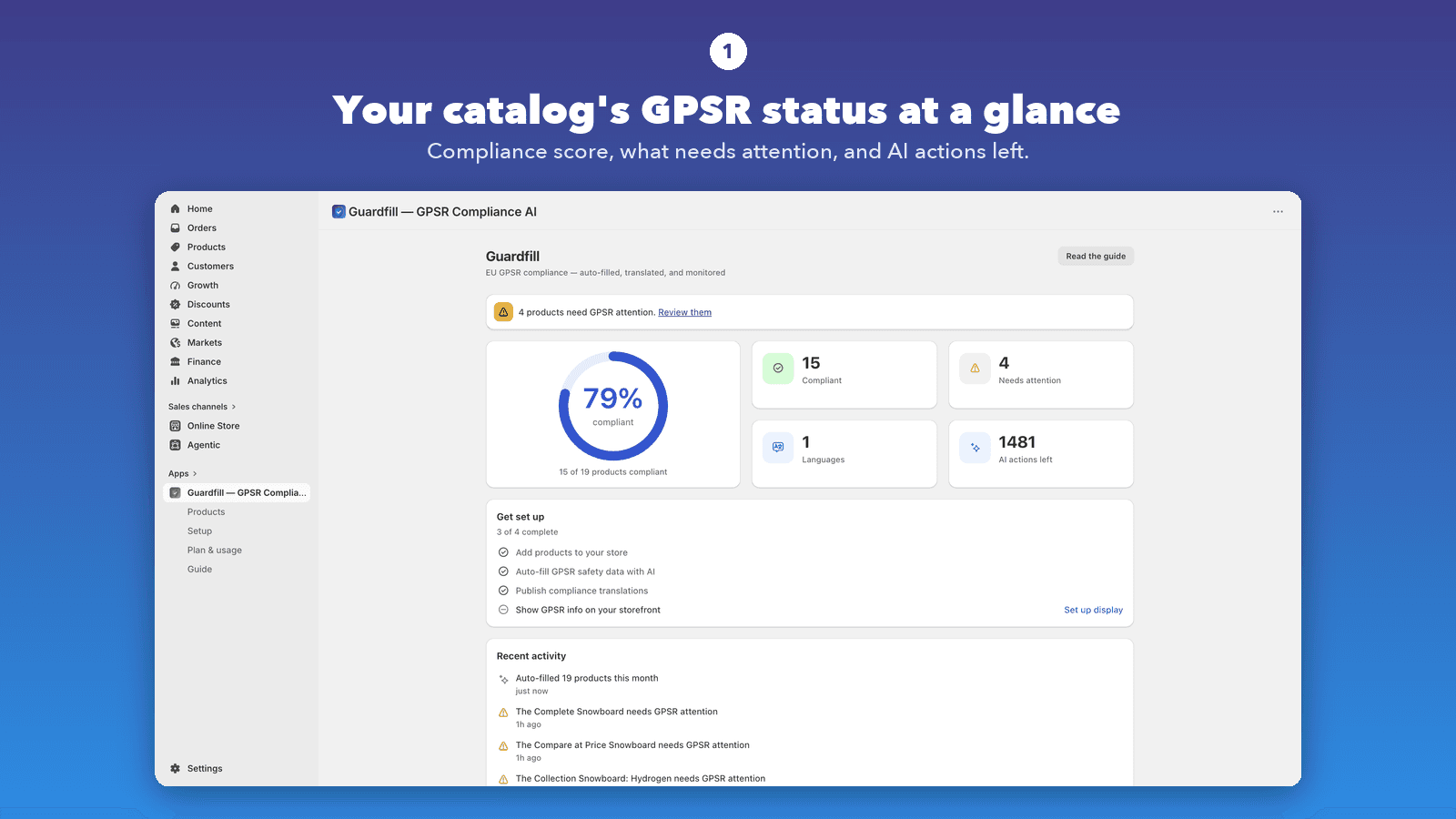 Guardfill dashboard showing catalog GPSR compliance score