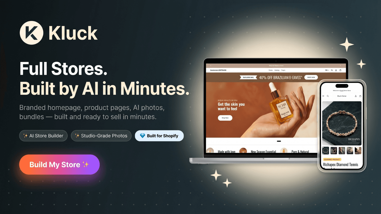 Kluck AI Shopify store builder for instant branded stores