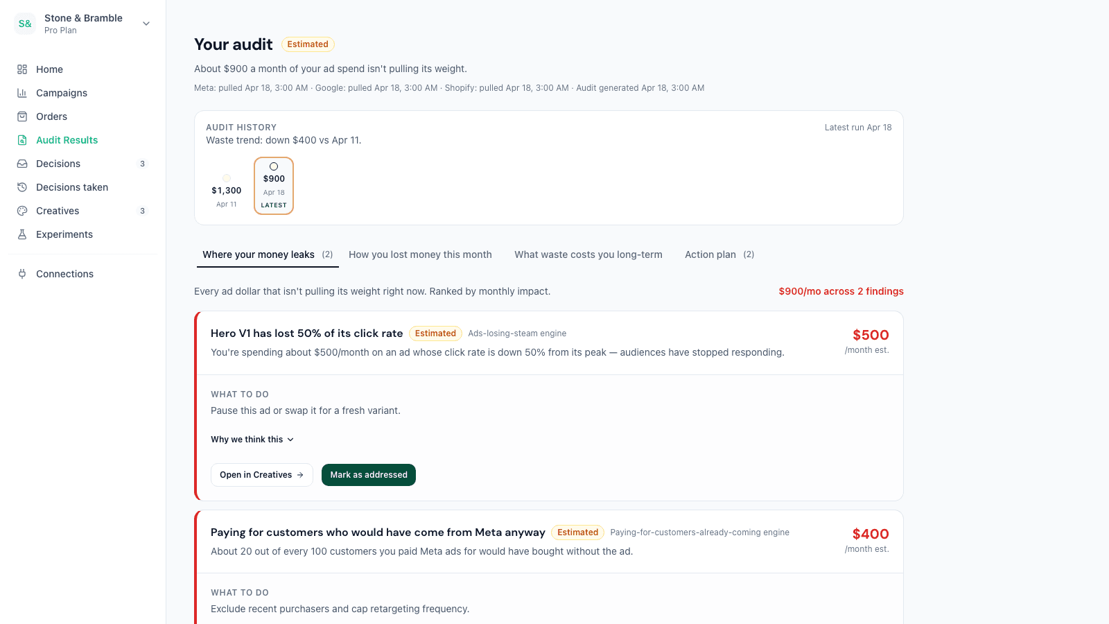 Ripplux audit dashboard highlighting wasted ad spend by finding