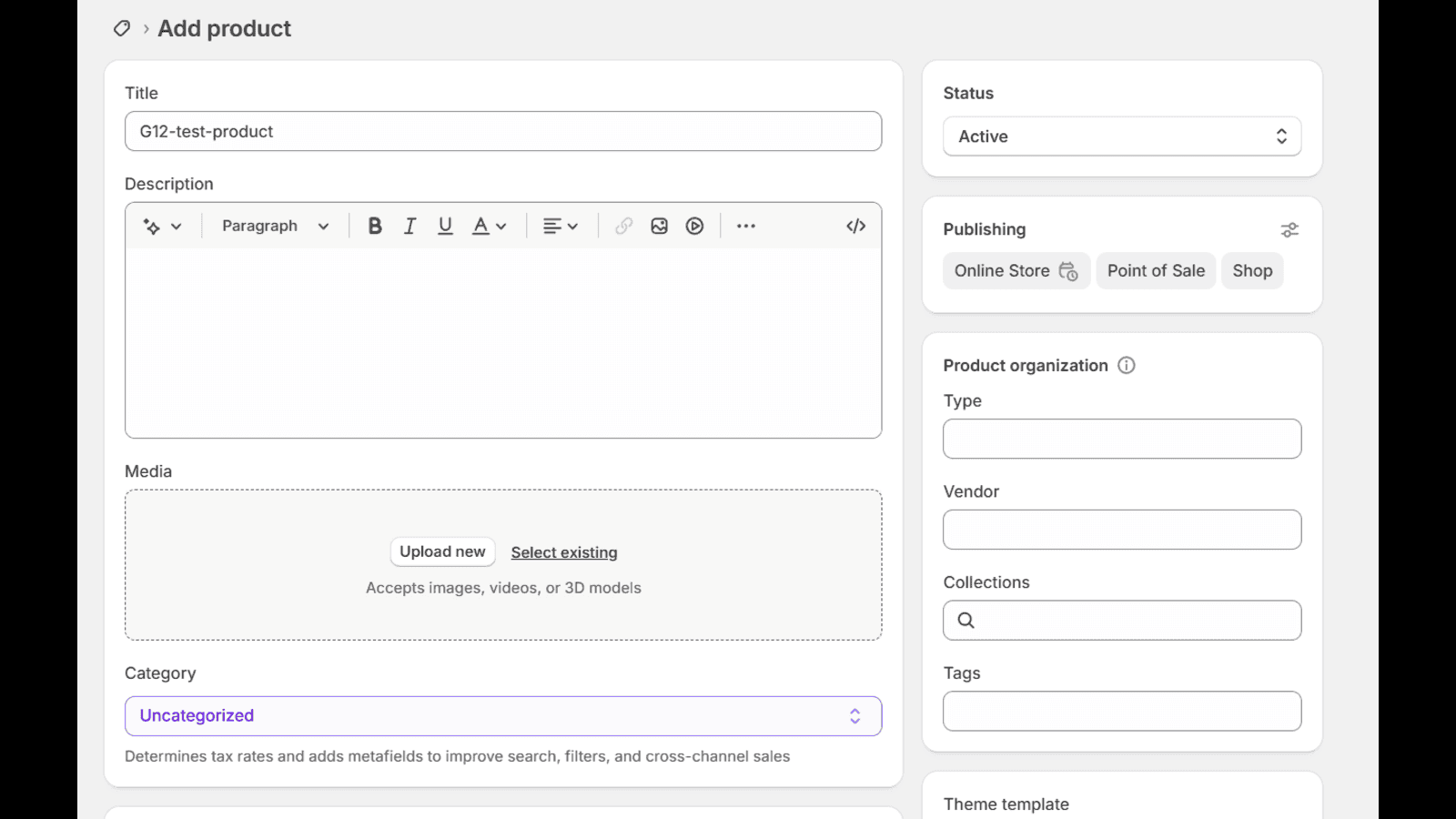 Shopify Add Product page with product title, media, and details.