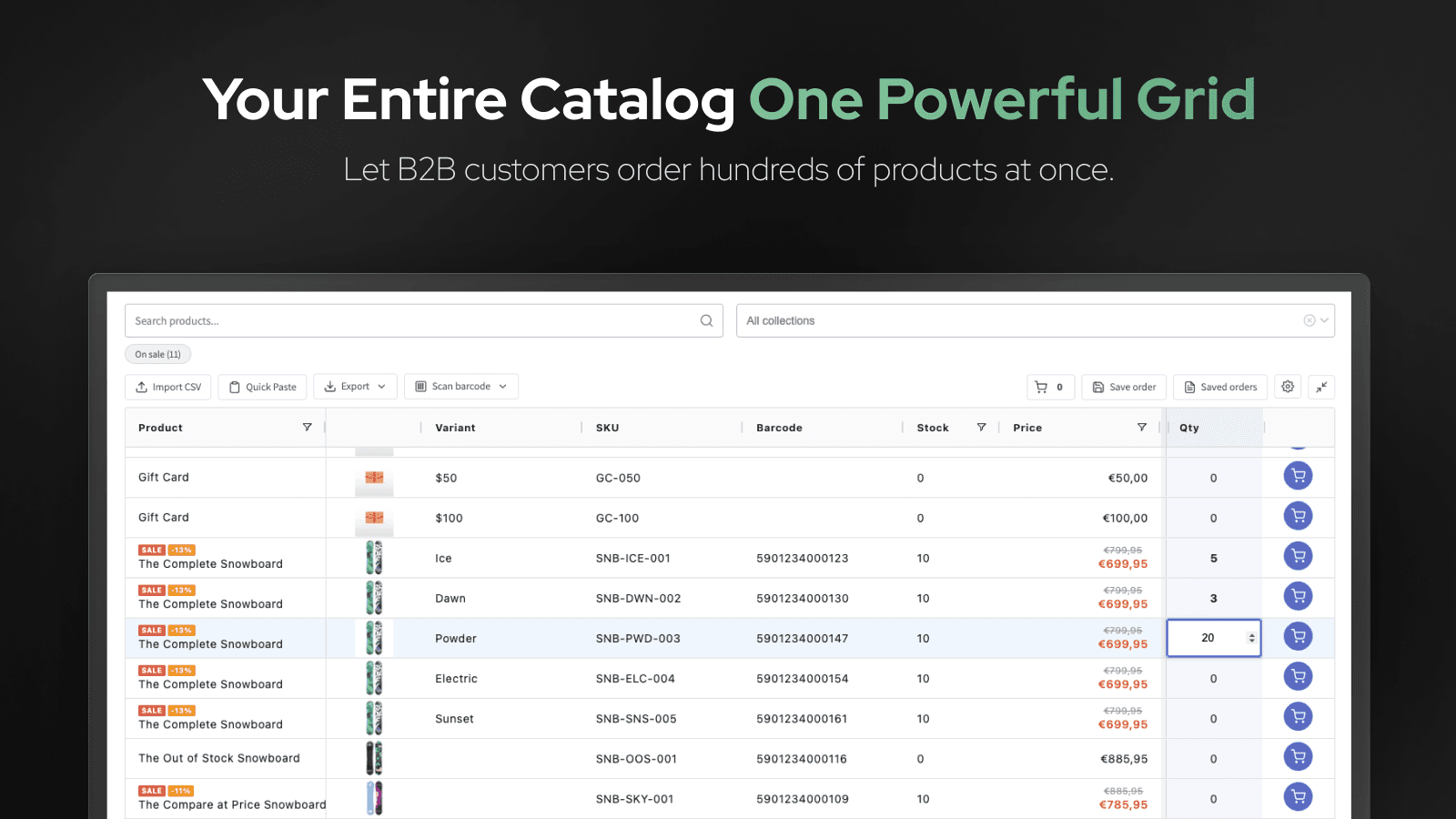 B2B wholesale order grid with full product catalog