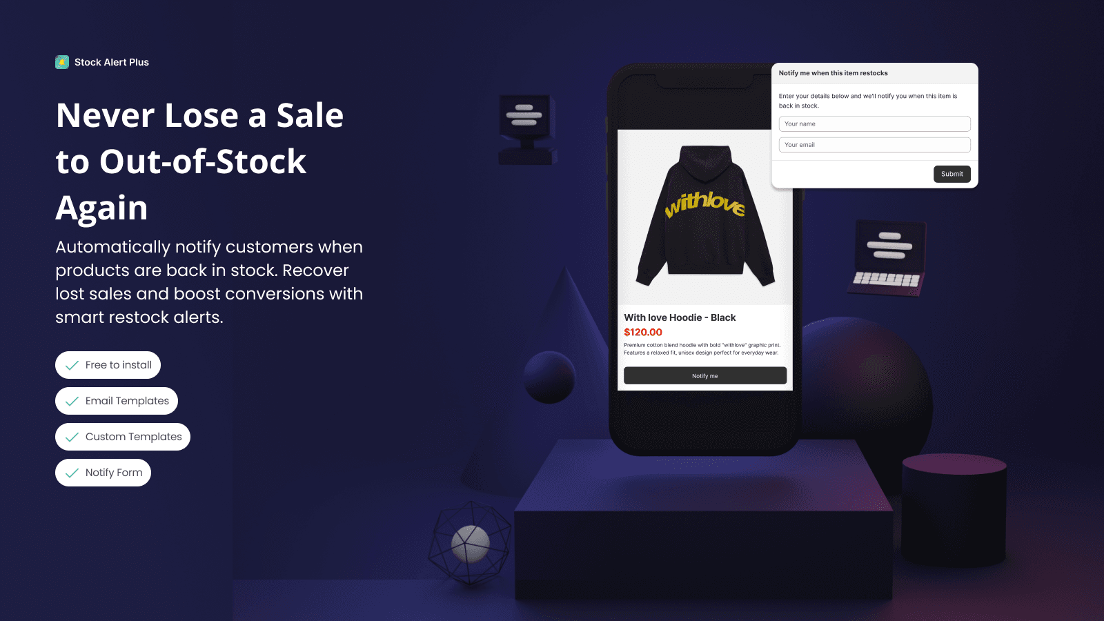 Mobile product page with Notify Me button and stock alert popup