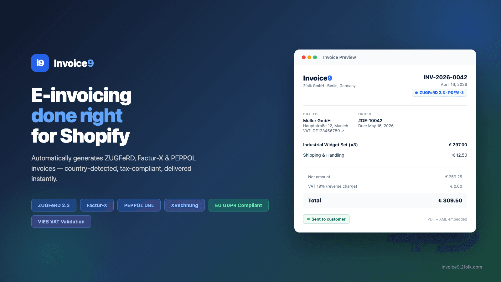 Invoice9 — EU e-invoicing for Shopify: ZUGFeRD, Factur-X, PEPPOL